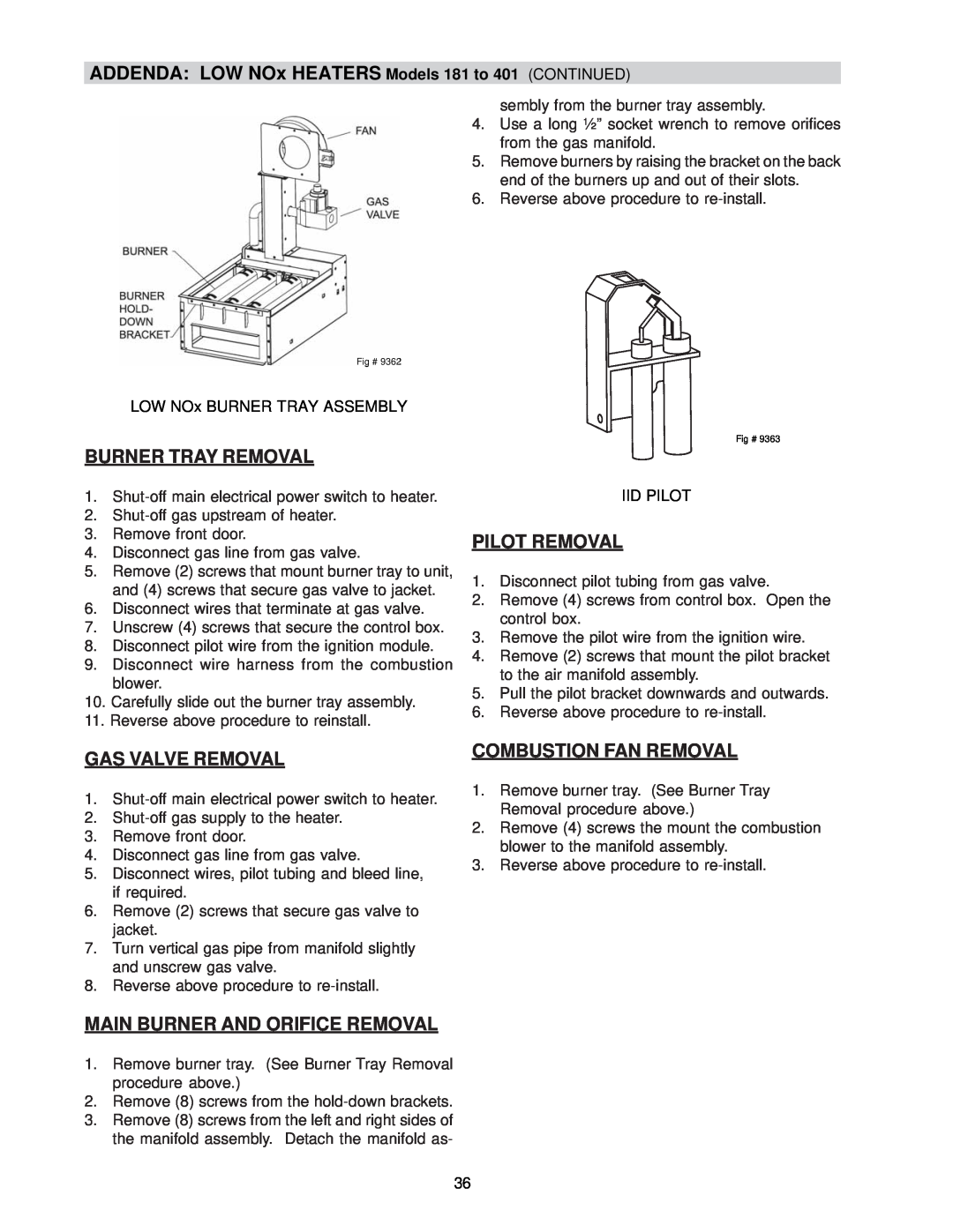 Raypak 0133-4001 manual Burner Tray Removal, Pilot Removal, Gas Valve Removal, Main Burner And Orifice Removal 