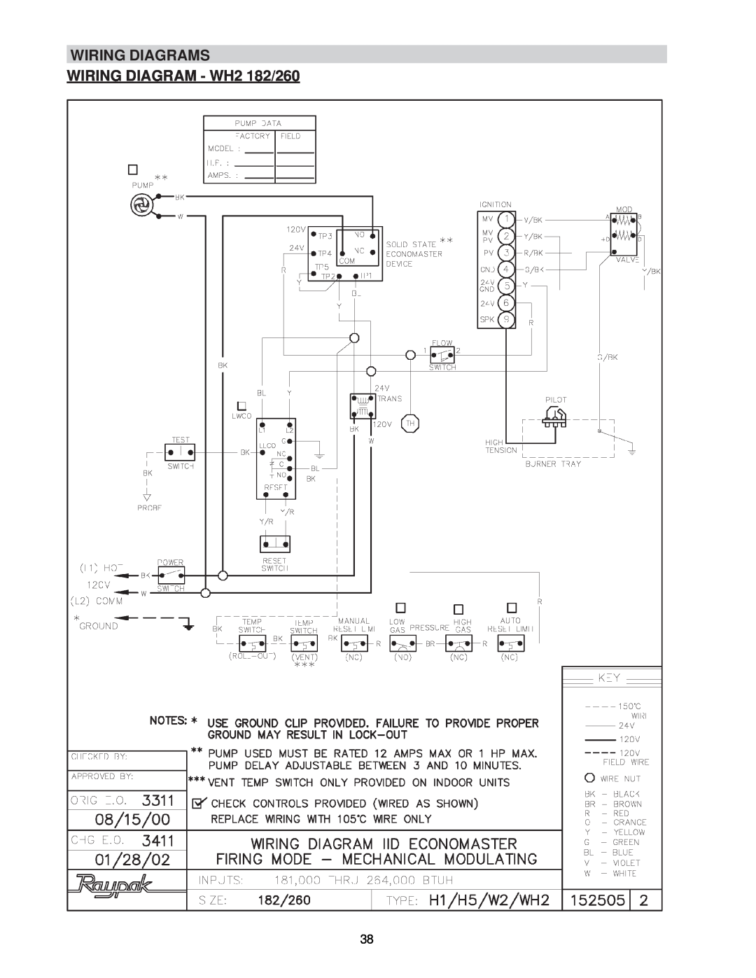 Raypak 0133-4001 manual WIRING DIAGRAMS WIRING DIAGRAM - WH2 182/260 