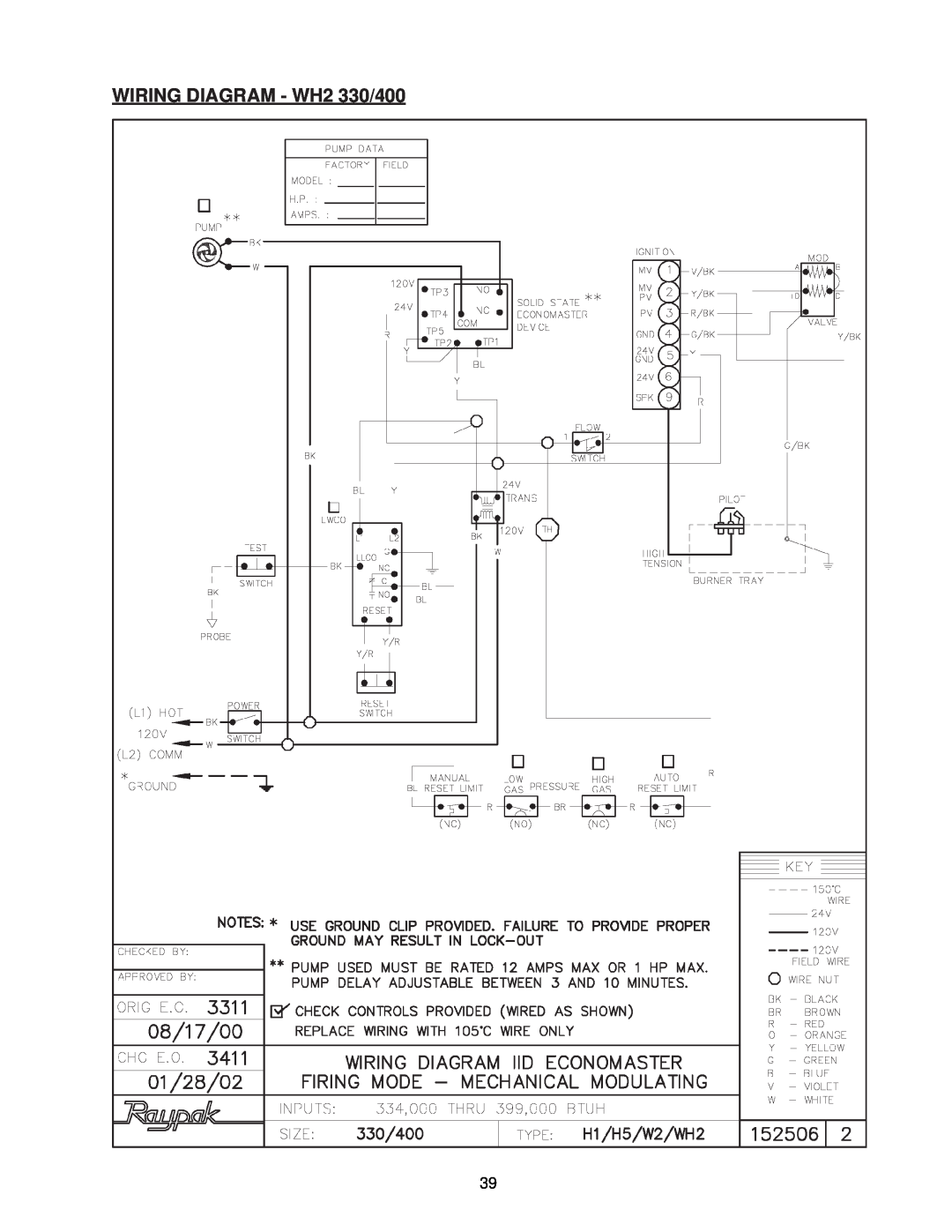Raypak 0133-4001 manual WIRING DIAGRAM - WH2 330/400 
