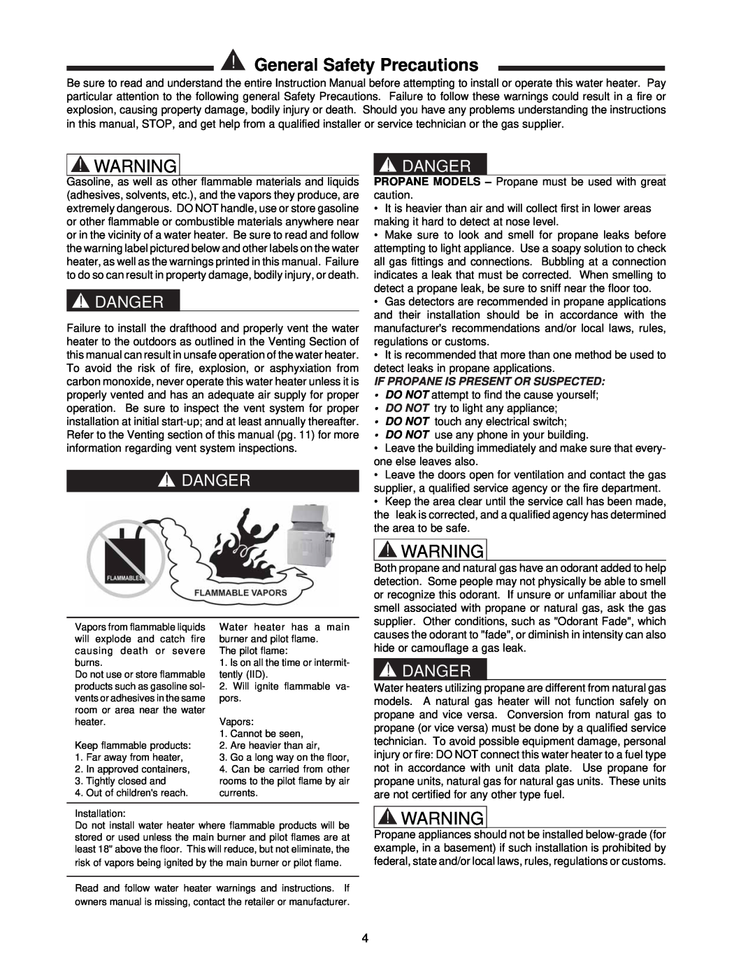 Raypak 0133-4001 manual General Safety Precautions, Danger, If Propane Is Present Or Suspected 