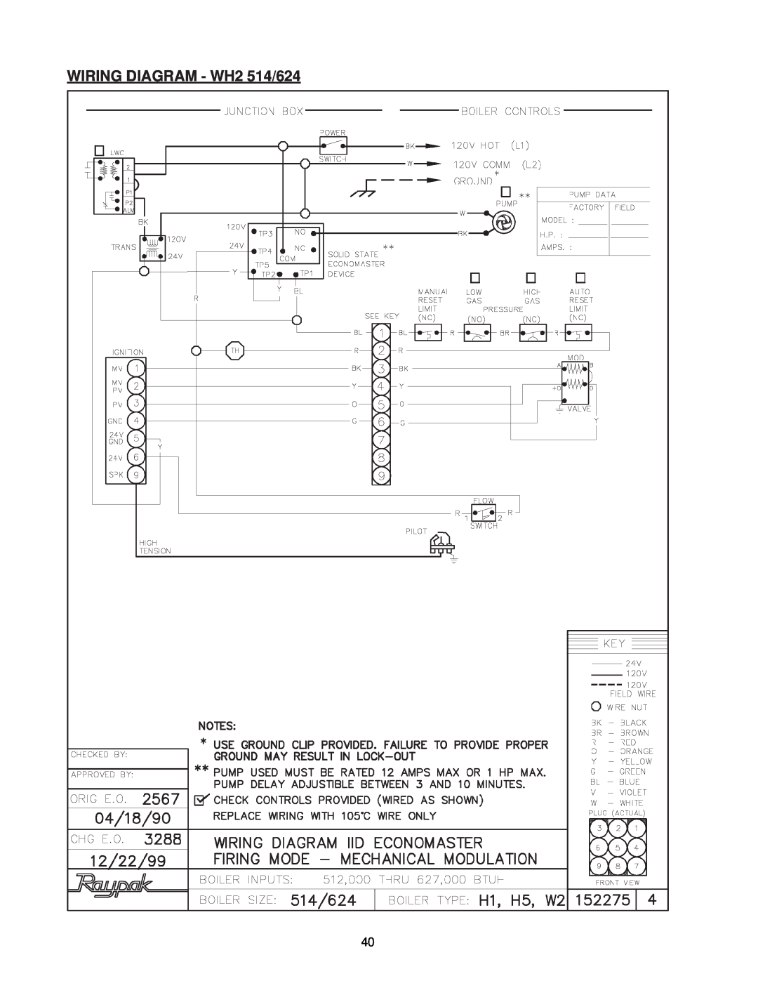 Raypak 0133-4001 manual WIRING DIAGRAM - WH2 514/624 