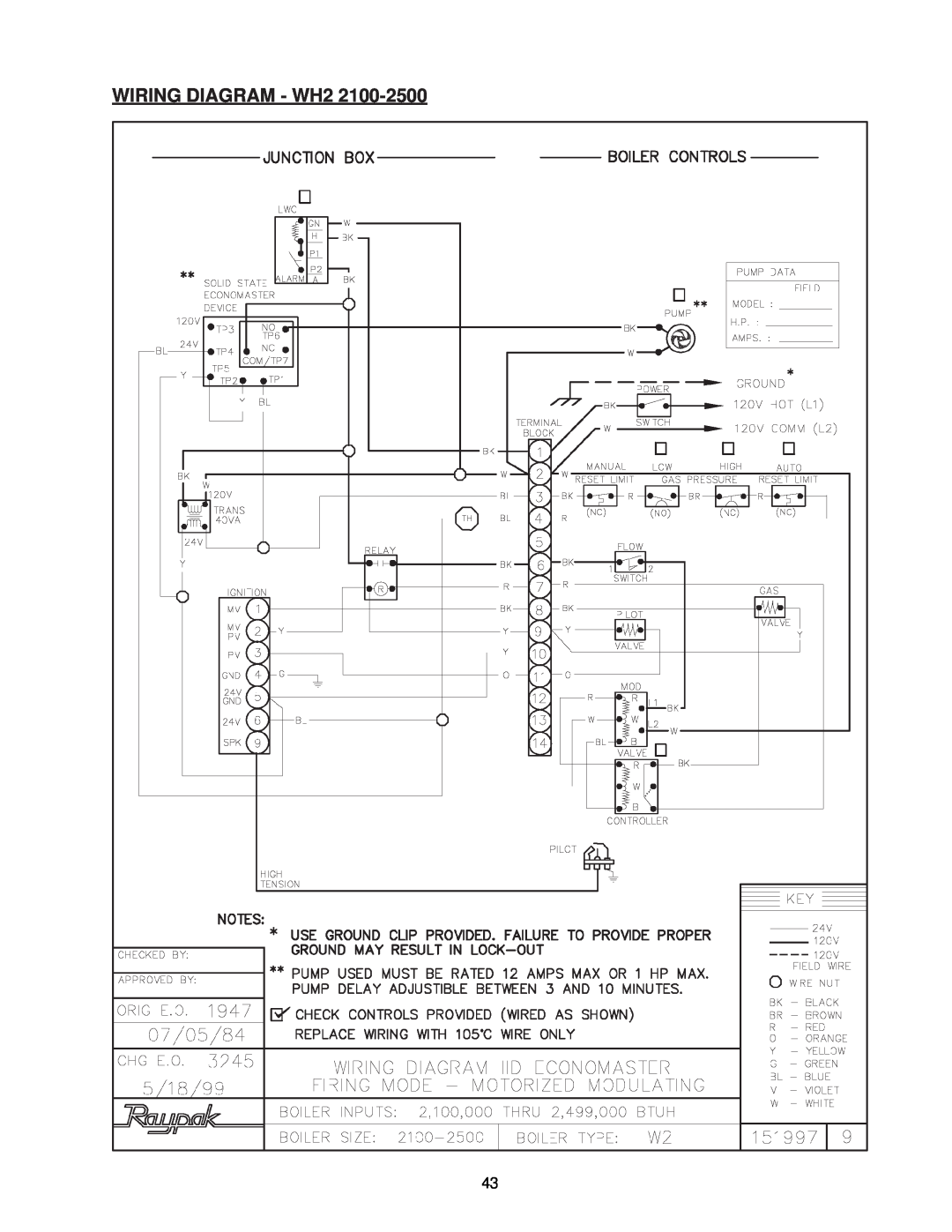 Raypak 0133-4001 manual WIRING DIAGRAM - WH2 