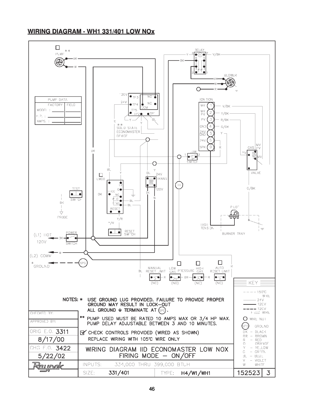 Raypak 0133-4001 manual WIRING DIAGRAM - WH1 331/401 LOW NOx 