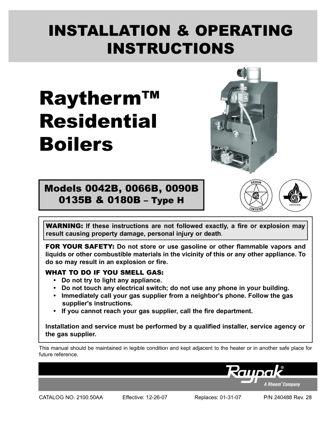 Raypak 0180B Type H manual Raytherm Residential Boilers 