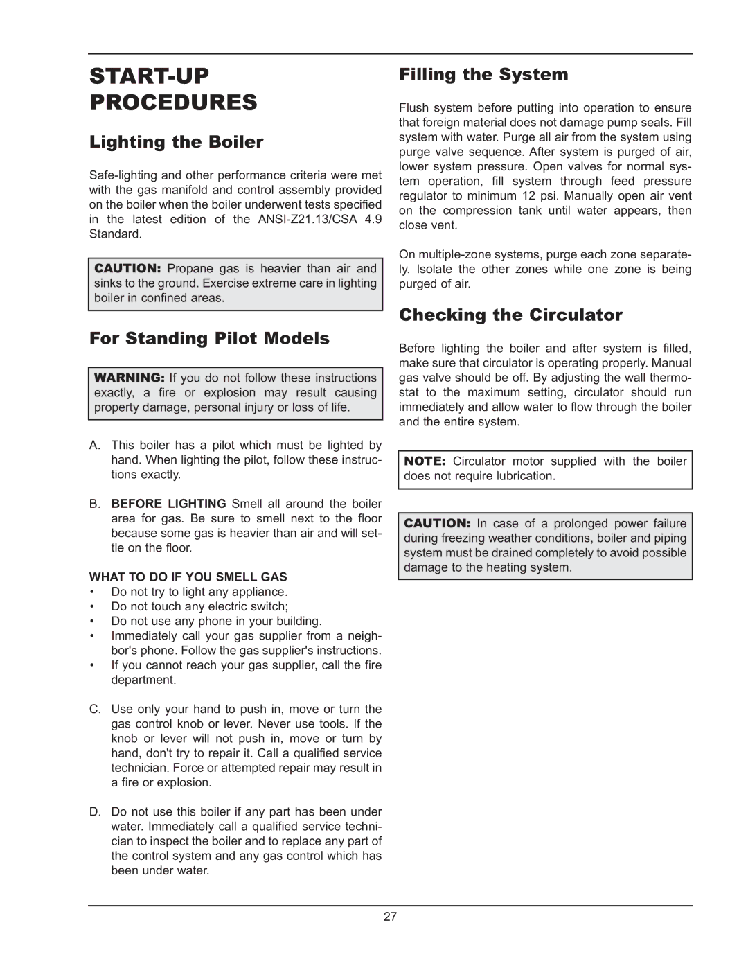 Raypak 0180B Type H manual START-UP Procedures, Lighting the Boiler, For Standing Pilot Models, Filling the System 