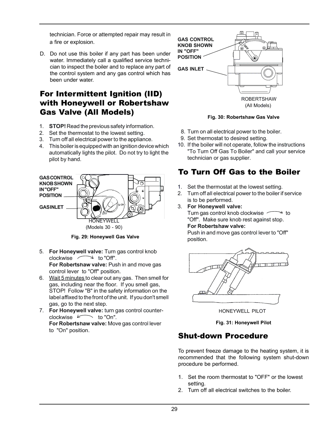 Raypak 0180B Type H manual To Turn Off Gas to the Boiler, Shut-down Procedure, For Honeywell valve Turn gas control knob 