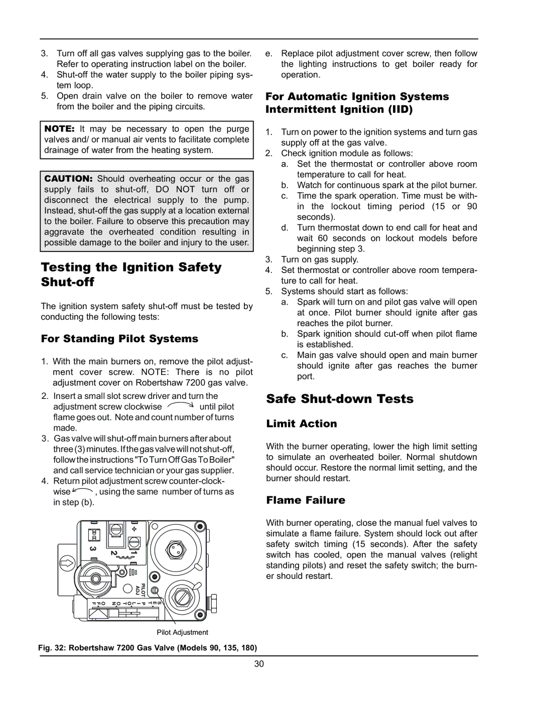 Raypak 0180B Type H manual Testing the Ignition Safety Shut-off, Safe Shut-down Tests 