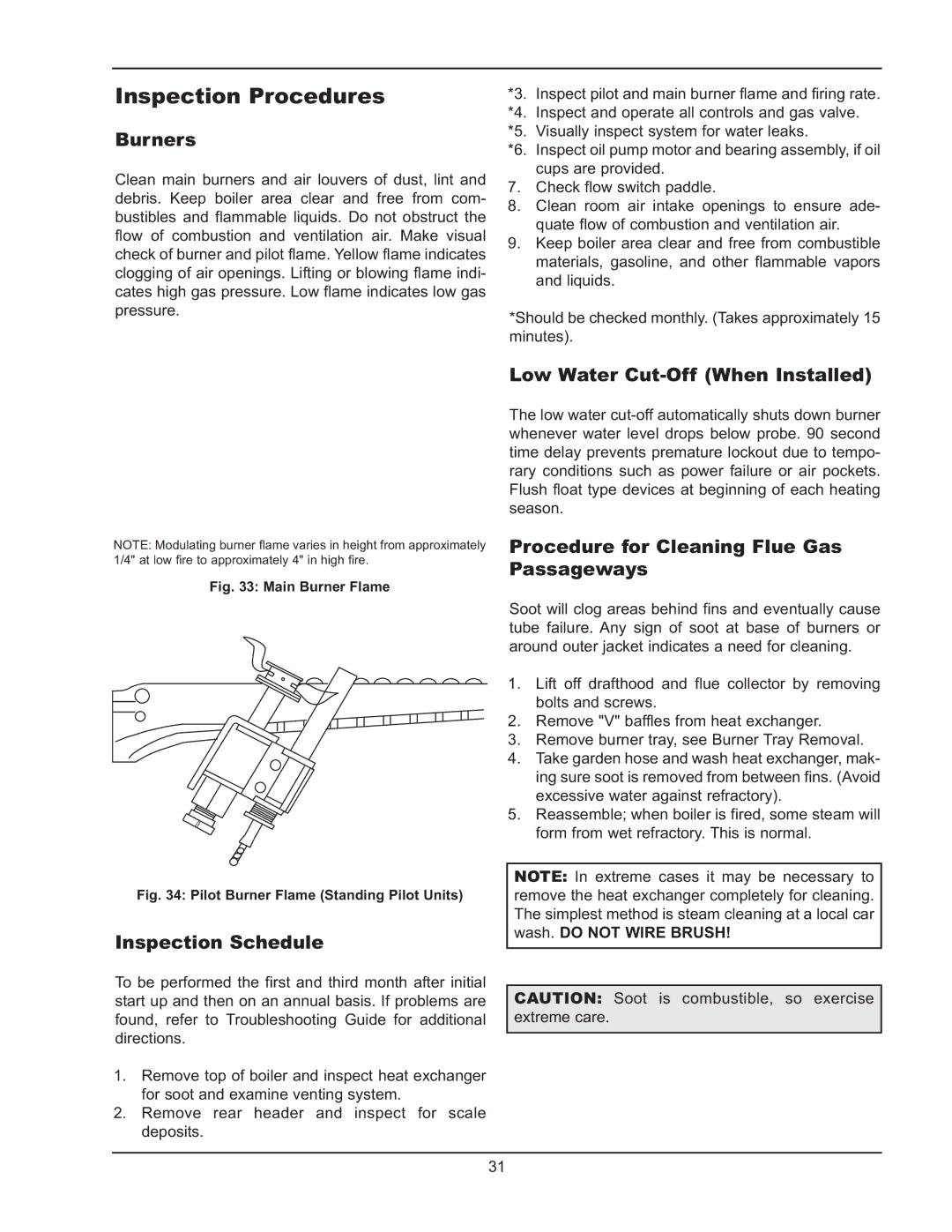 Raypak 0180B Type H manual Inspection Procedures, Burners, Inspection Schedule, Low Water Cut-Off When Installed 