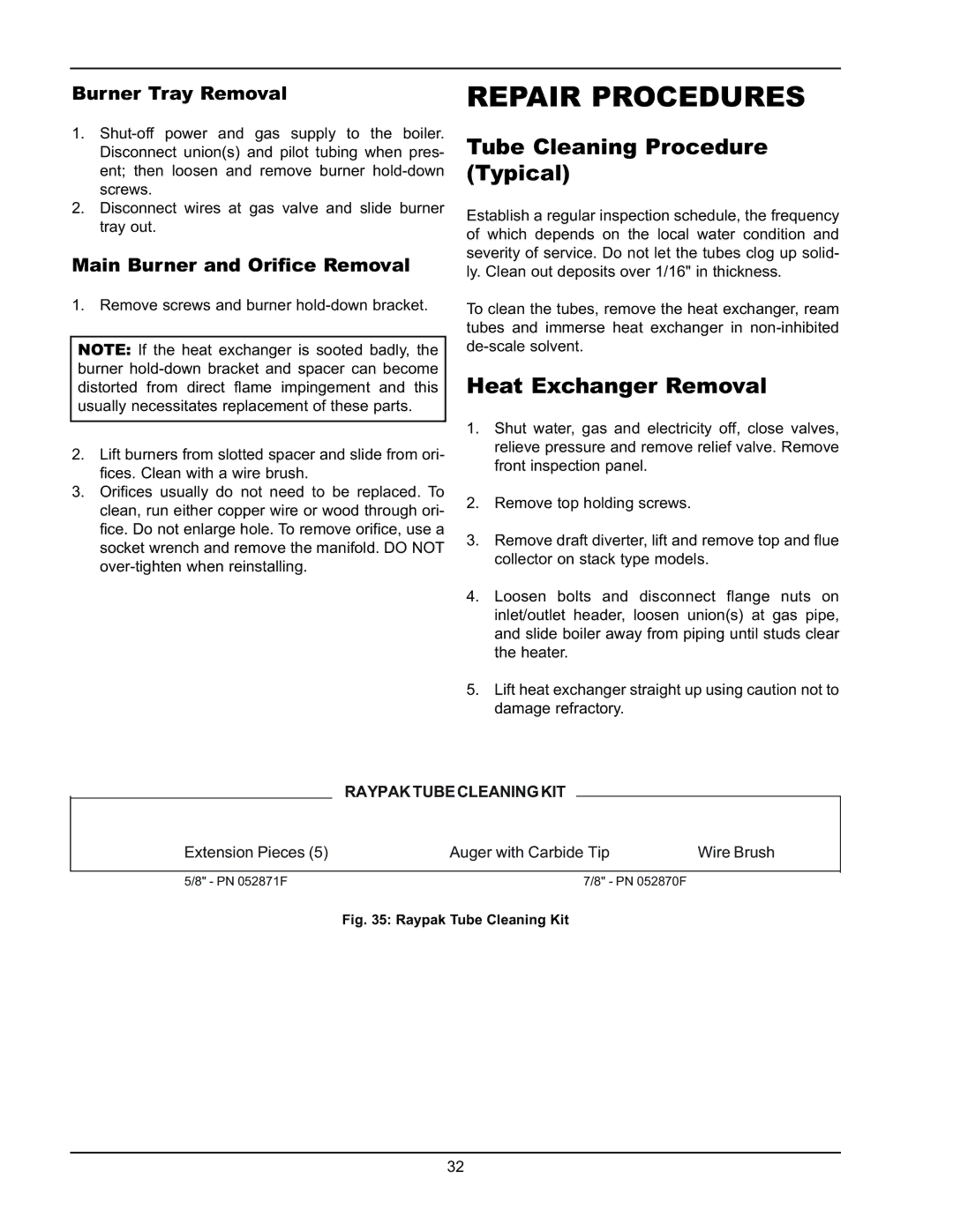 Raypak 0180B Type H manual Repair Procedures, Tube Cleaning Procedure Typical, Heat Exchanger Removal, Burner Tray Removal 