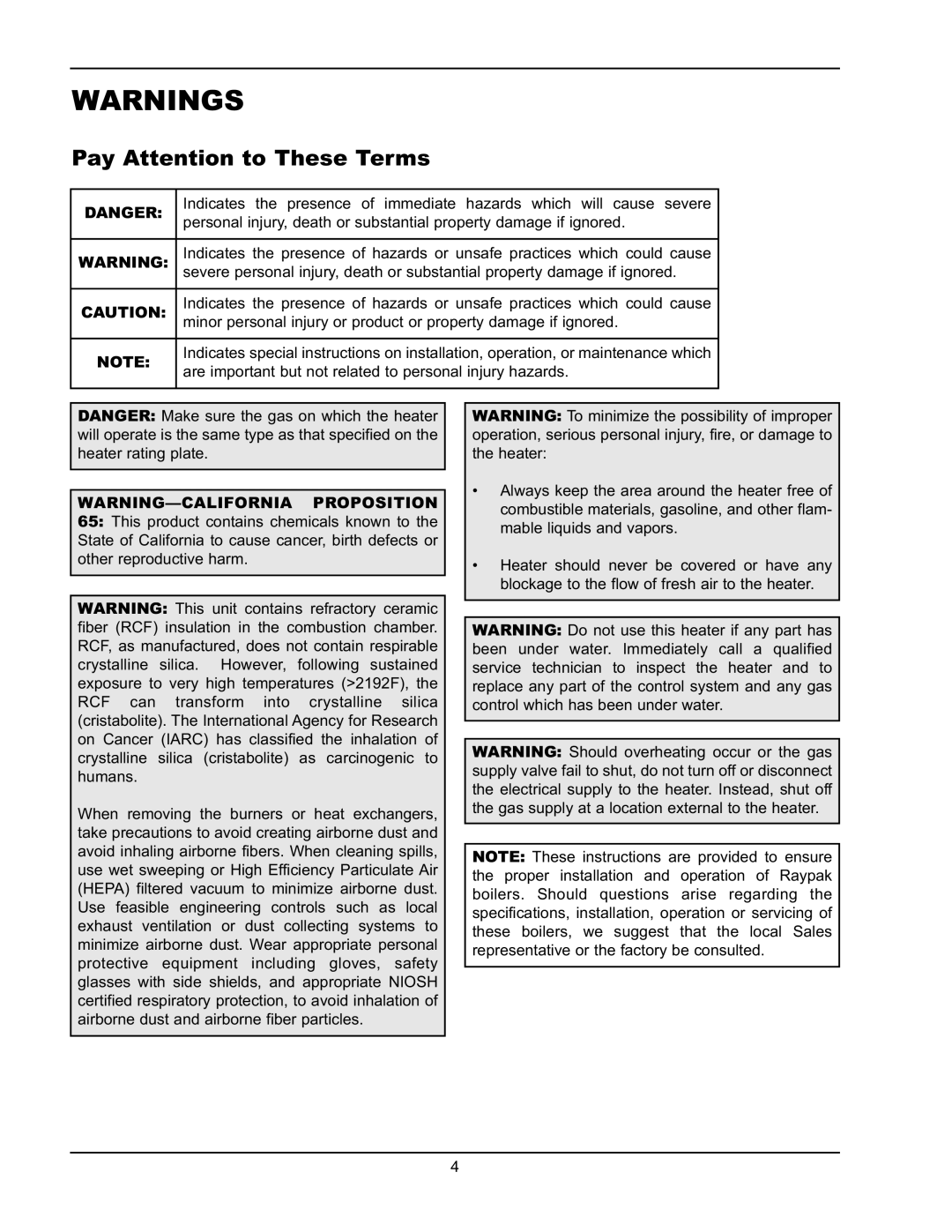 Raypak 0180B Type H manual Pay Attention to These Terms 