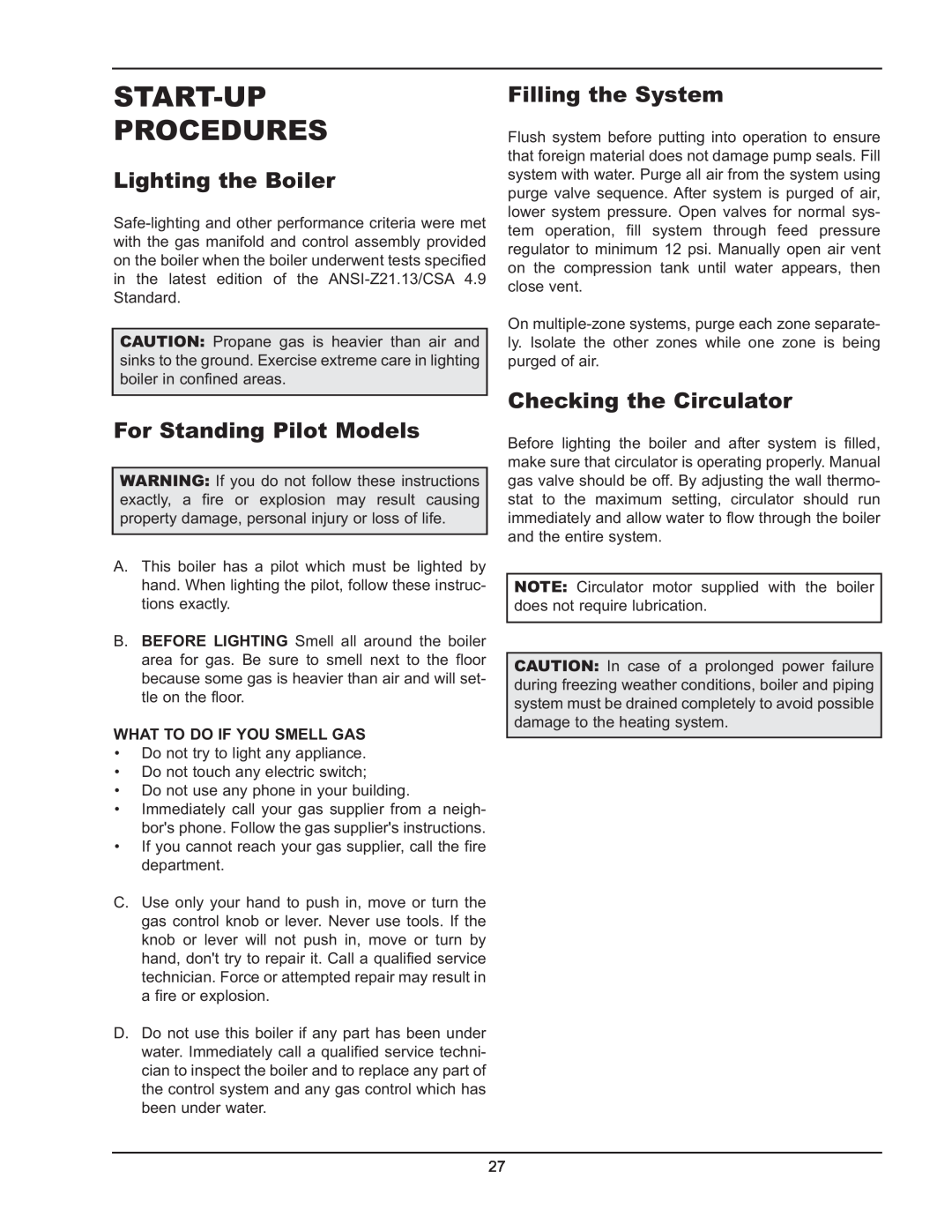 Raypak 0180B Type H manual Start-Up Procedures, Lighting the Boiler, For Standing Pilot Models, Filling the System 