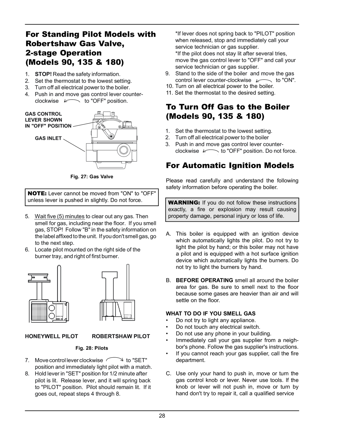 Raypak 0180B Type H manual To Turn Off Gas to the Boiler Models, For Automatic Ignition Models, Honeywell Pilot 