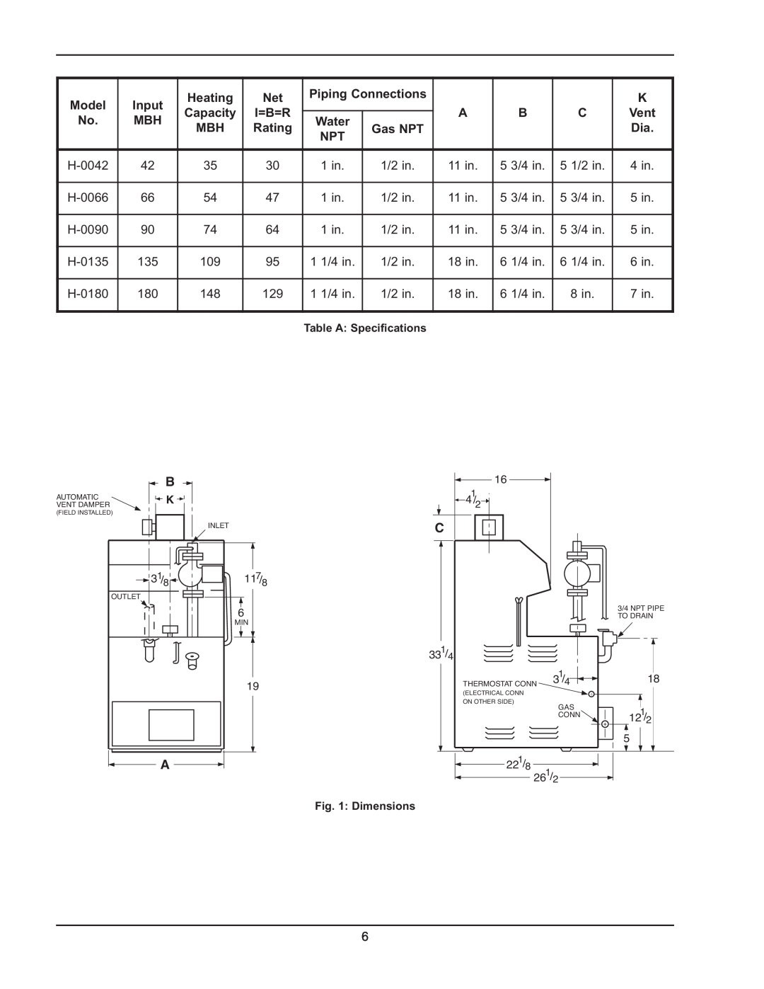 Raypak 0180B Type H manual Heating, Piping Connections, Input, Capacity, I=B=R, Rating, Gas NPT 