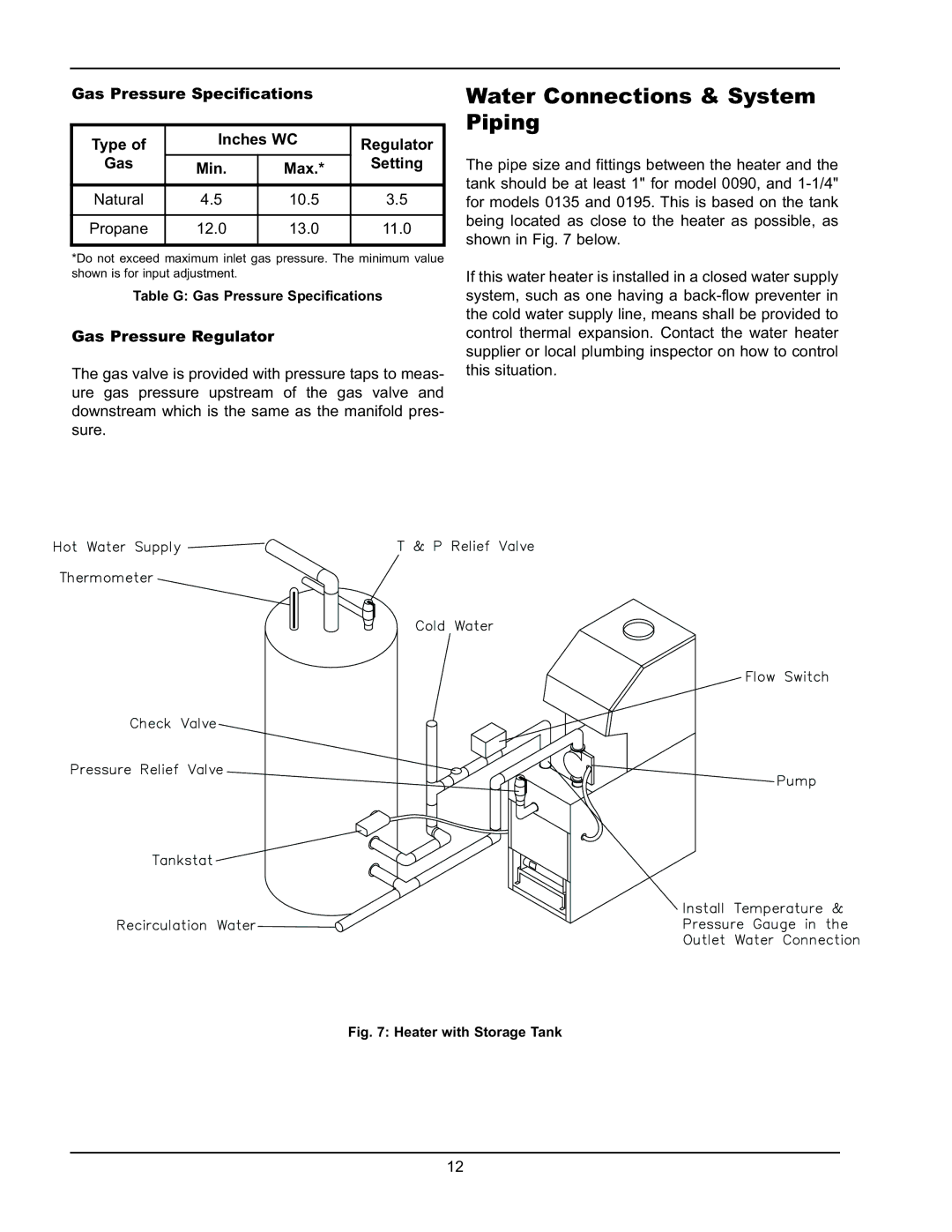 Raypak 0195A, 0135A Water Connections & System Piping, Gas Pressure Specifications Type Inches WC Regulator Min, Setting 