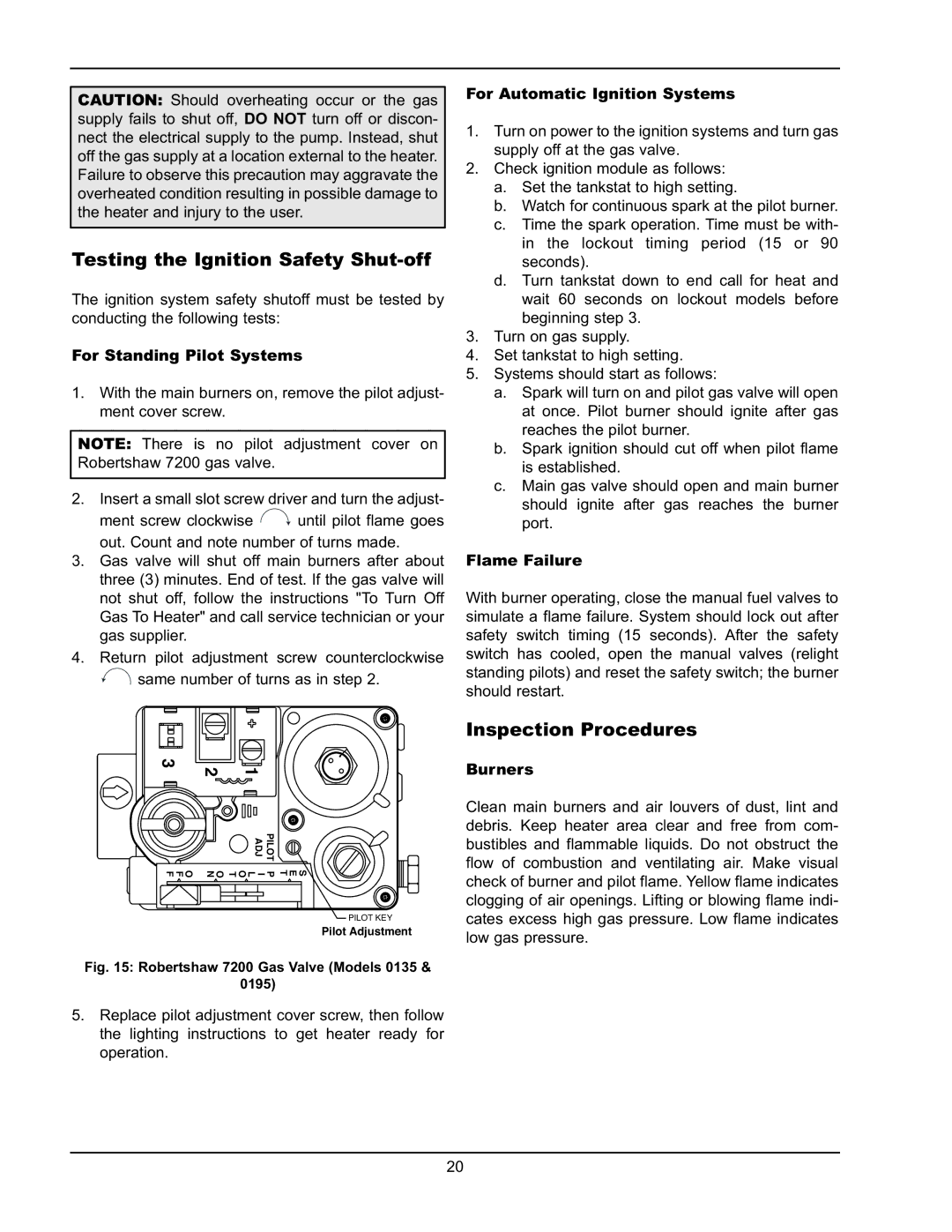 Raypak 0090A, 0195A, 0135A operating instructions Testing the Ignition Safety Shut-off, Inspection Procedures 