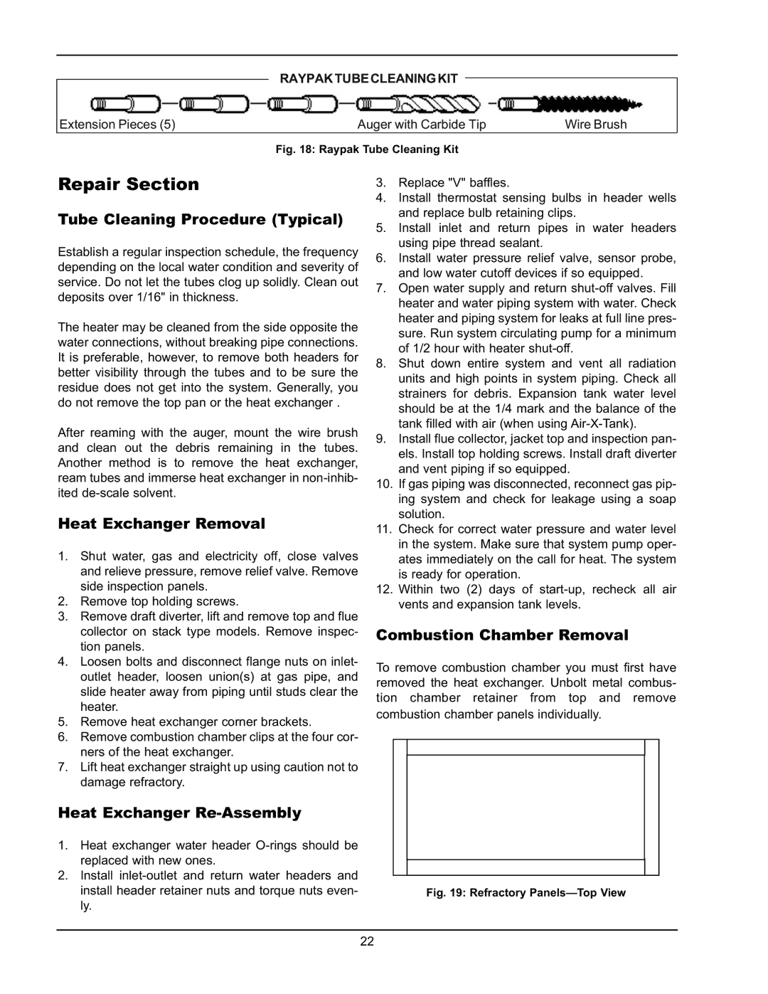 Raypak 0135A, 0195A Repair Section, Tube Cleaning Procedure Typical, Heat Exchanger Removal, Heat Exchanger Re-Assembly 