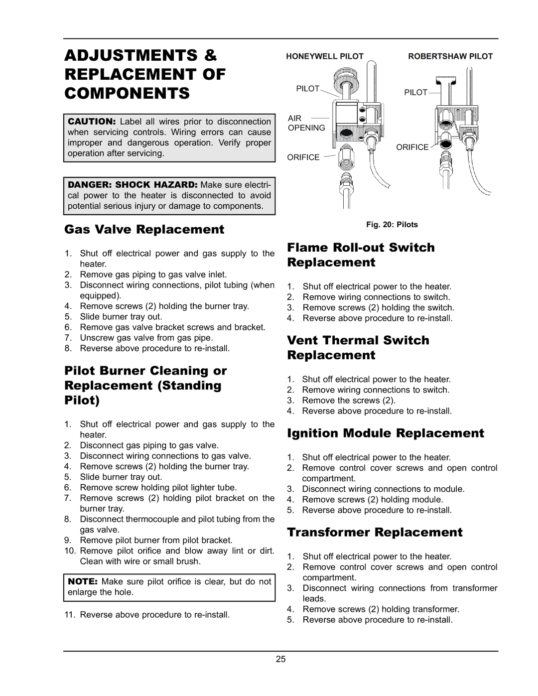 Raypak 0135A, 0195A, 0090A operating instructions Adjustments & Replacement of Components 