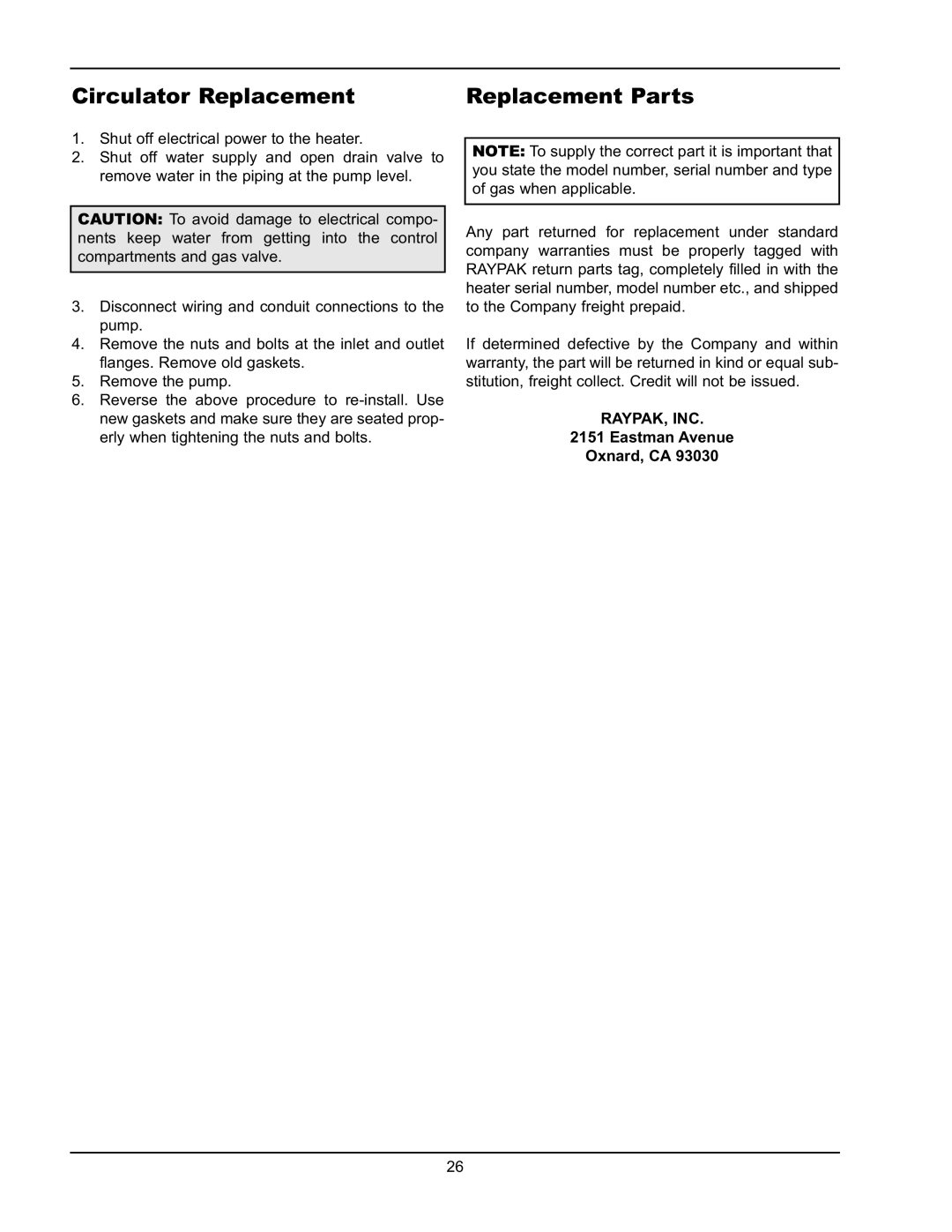 Raypak 0090A, 0195A, 0135A operating instructions Circulator Replacement, Replacement Parts, Eastman Avenue Oxnard, CA 