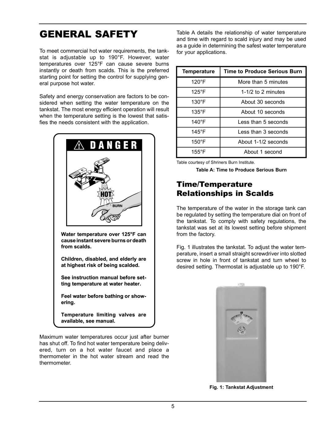 Raypak 0090A, 0195A General Safety, Time/Temperature Relationships in Scalds, Temperature Time to Produce Serious Burn 