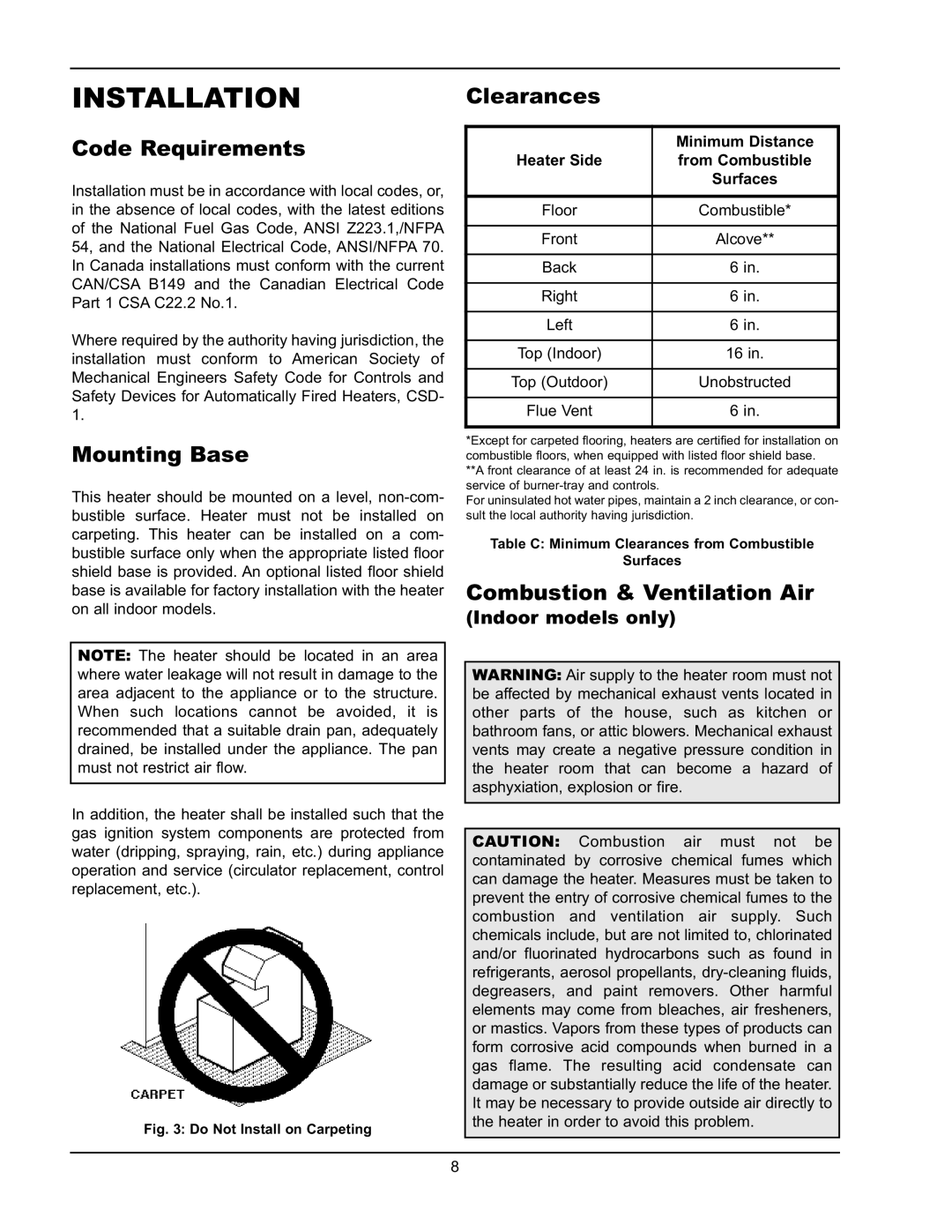 Raypak 0090A, 0195A, 0135A Installation, Code Requirements, Mounting Base, Clearances, Combustion & Ventilation Air 