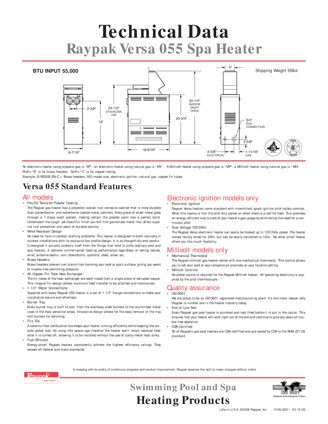 Raypak 055 manual All models, Electronic ignition models only, Millivolt models only, Quality assurance 