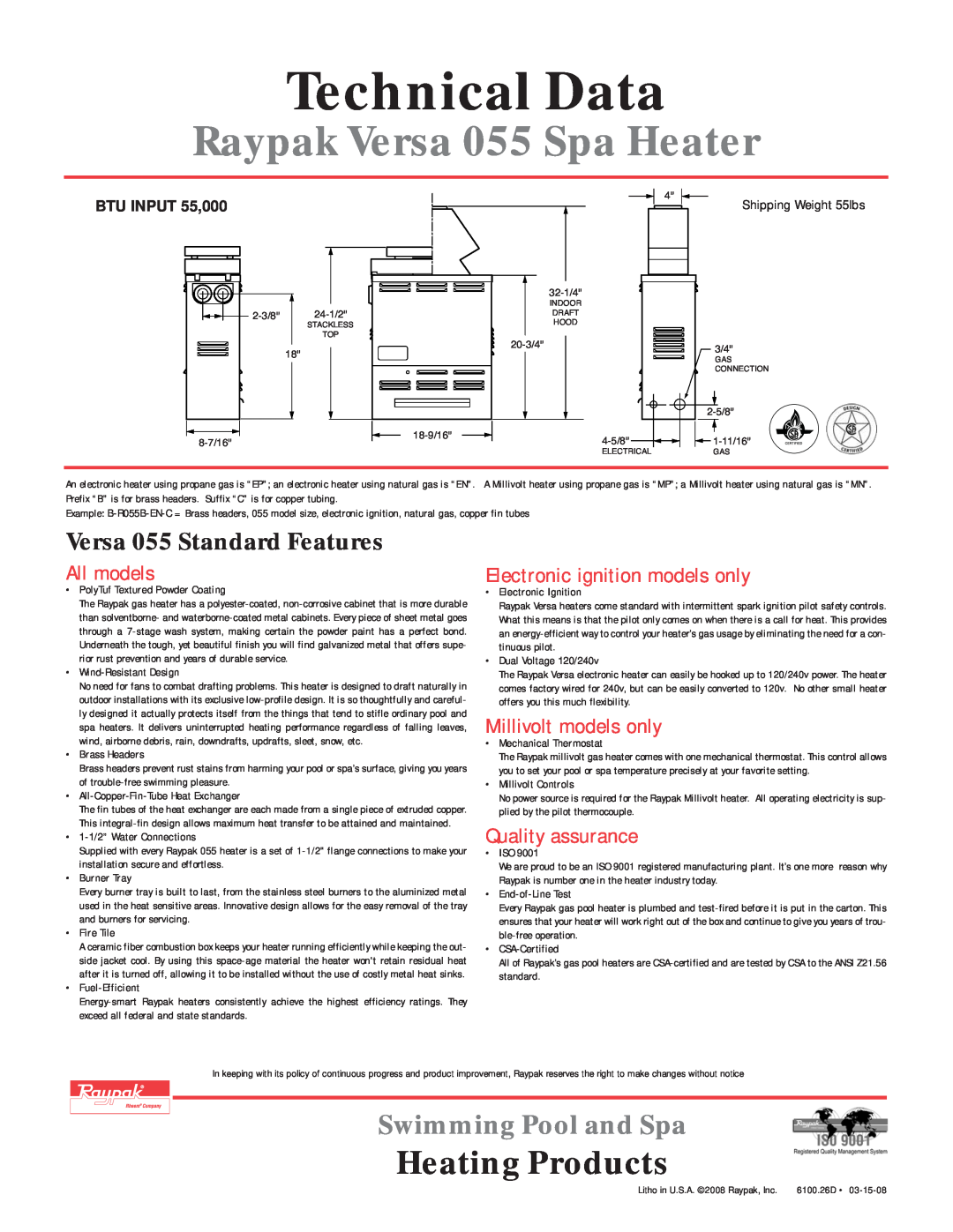 Raypak manual Technical Data, Raypak Versa 055 Spa Heater, Heating Products, Swimming Pool and Spa, All models 