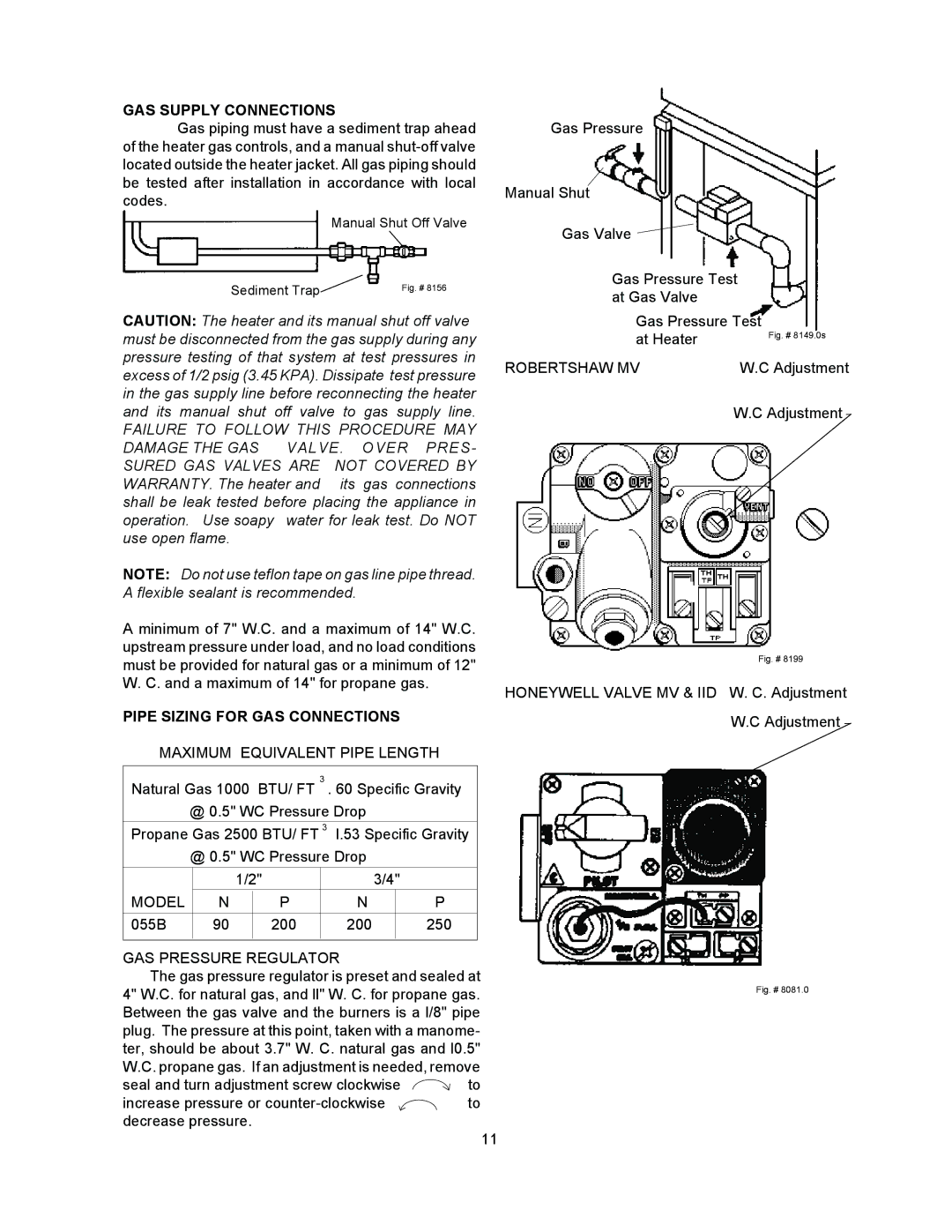 Raypak 055B installation instructions GAS Supply Connections, Model, GAS Pressure Regulator, Robertshaw MV 