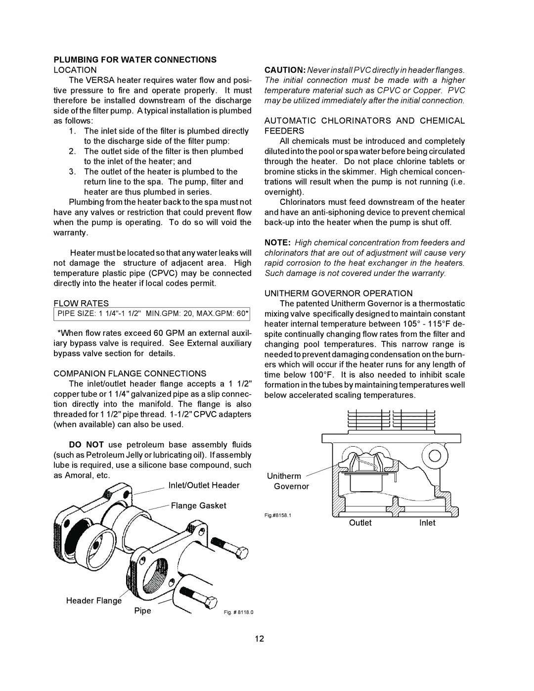 Raypak 055B Plumbing for Water Connections Location, Flow Rates, Companion Flange Connections, Unitherm Governor Operation 