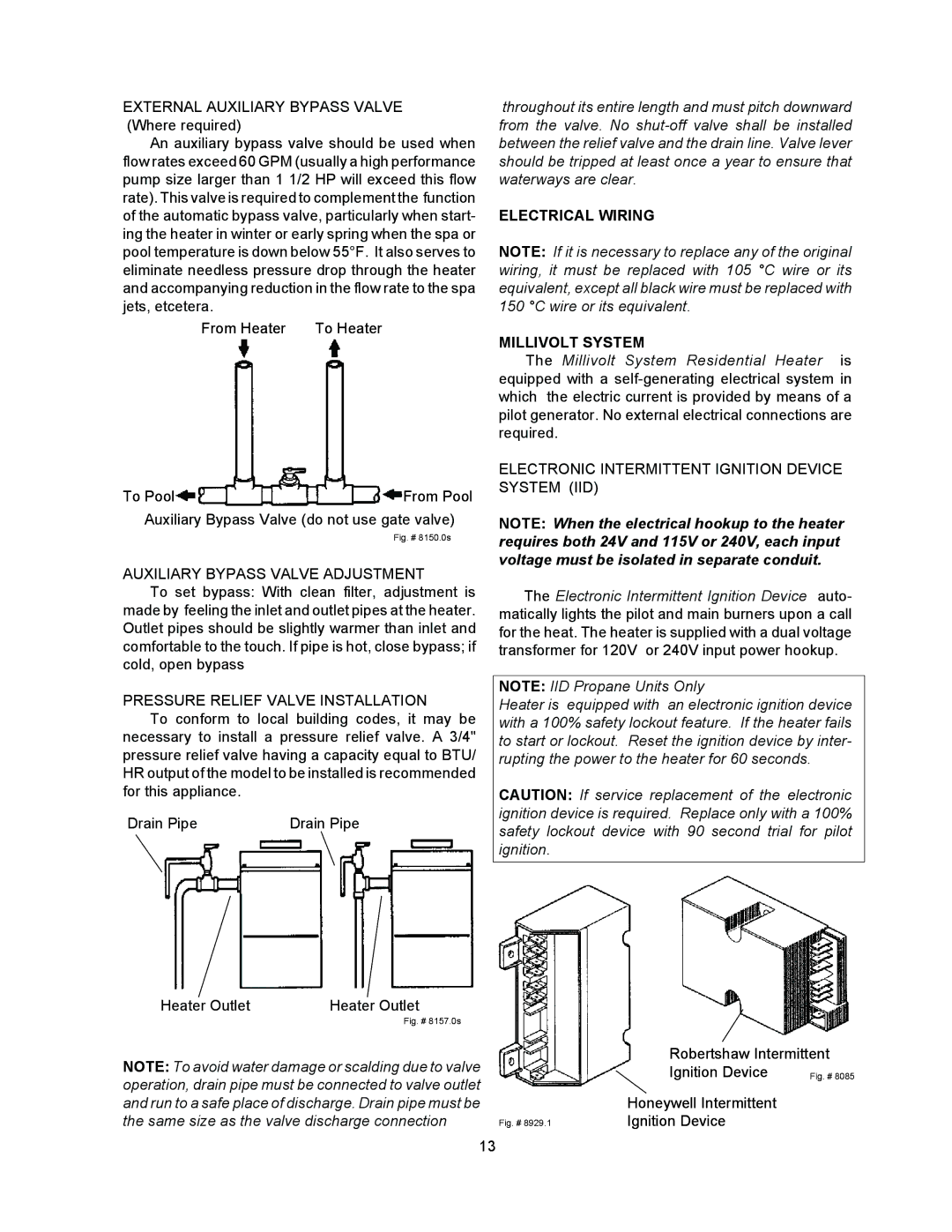 Raypak 055B Auxiliary Bypass Valve Adjustment, Pressure Relief Valve Installation, Electrical Wiring Millivolt System 