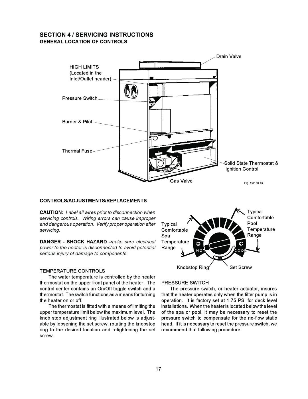 Raypak 055B Servicing Instructions, General Location of Controls, Controls/Adjustments/Replacements, Temperature Controls 