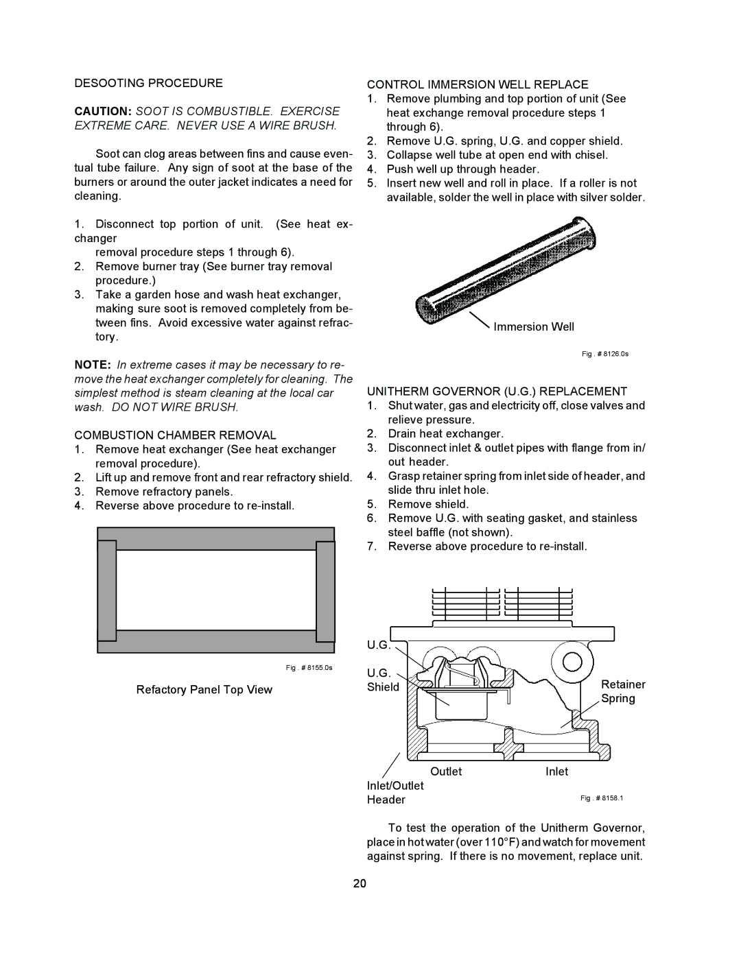 Raypak 055B installation instructions Desooting Procedure, Combustion Chamber Removal, Control Immersion Well Replace 