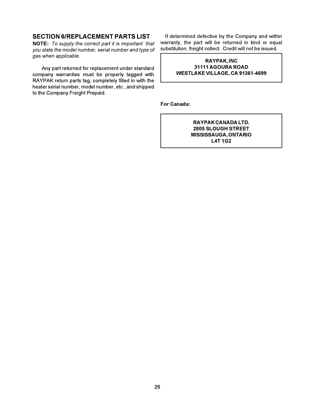 Raypak 055B installation instructions Replacement Parts List, RAYPAK, INC Agoura Road Westlake VILLAGE, CA 