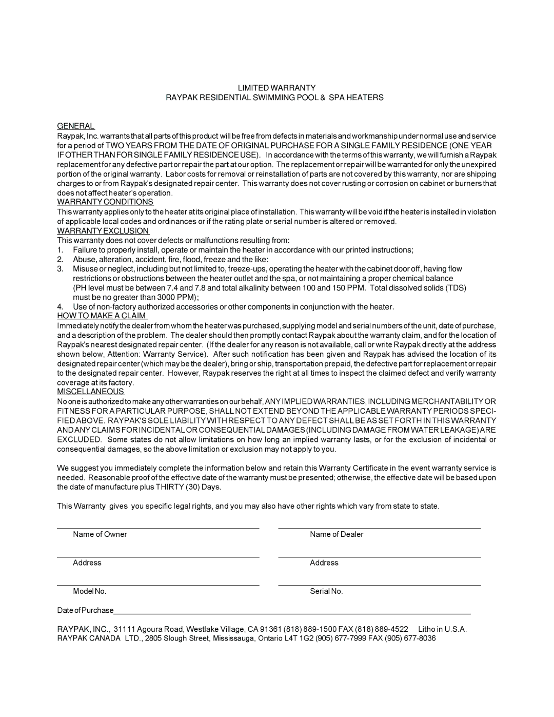 Raypak 055B installation instructions Warranty Conditions 