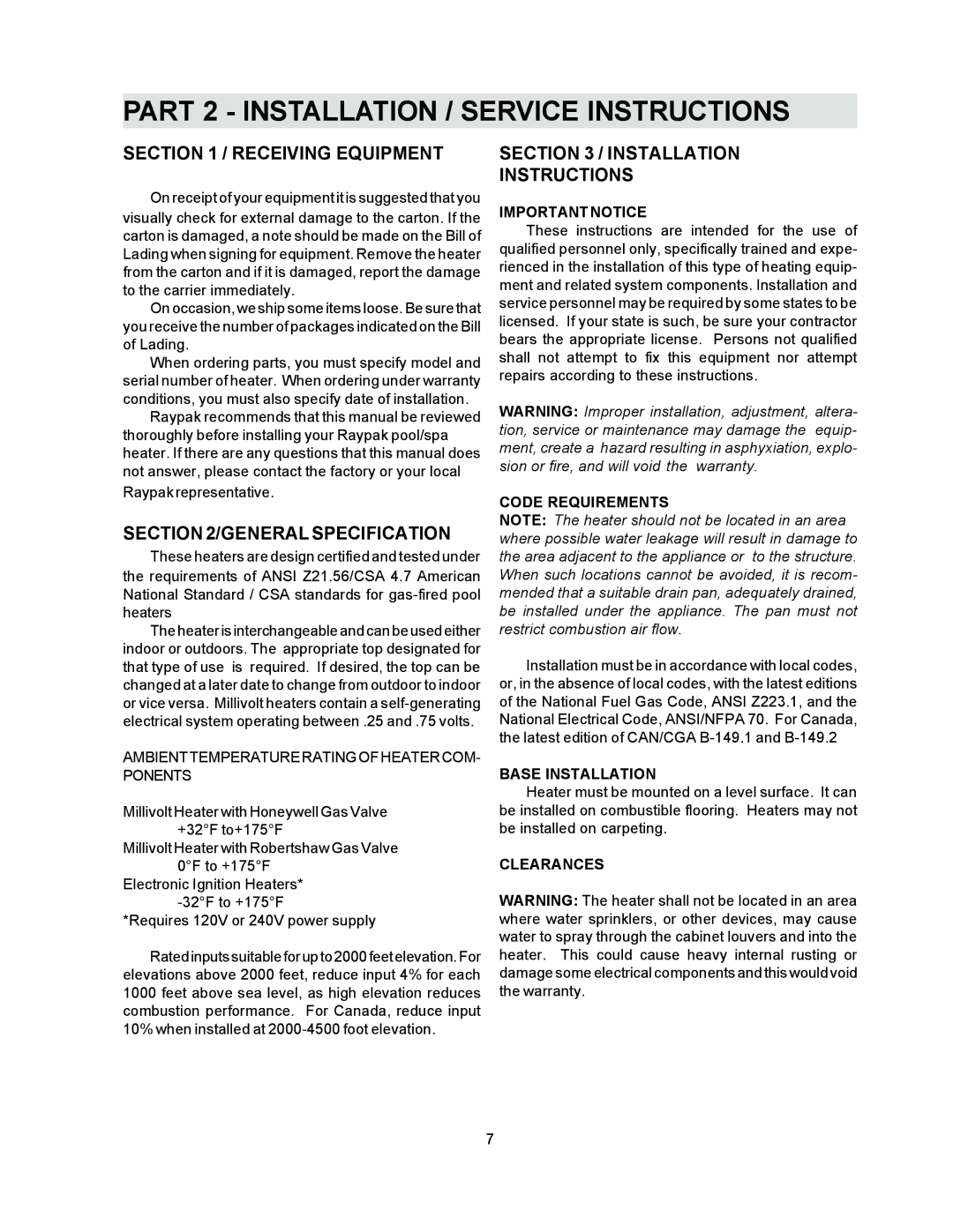 Raypak 055B installation instructions Receiving Equipment, General Specification, Installation Instructions 