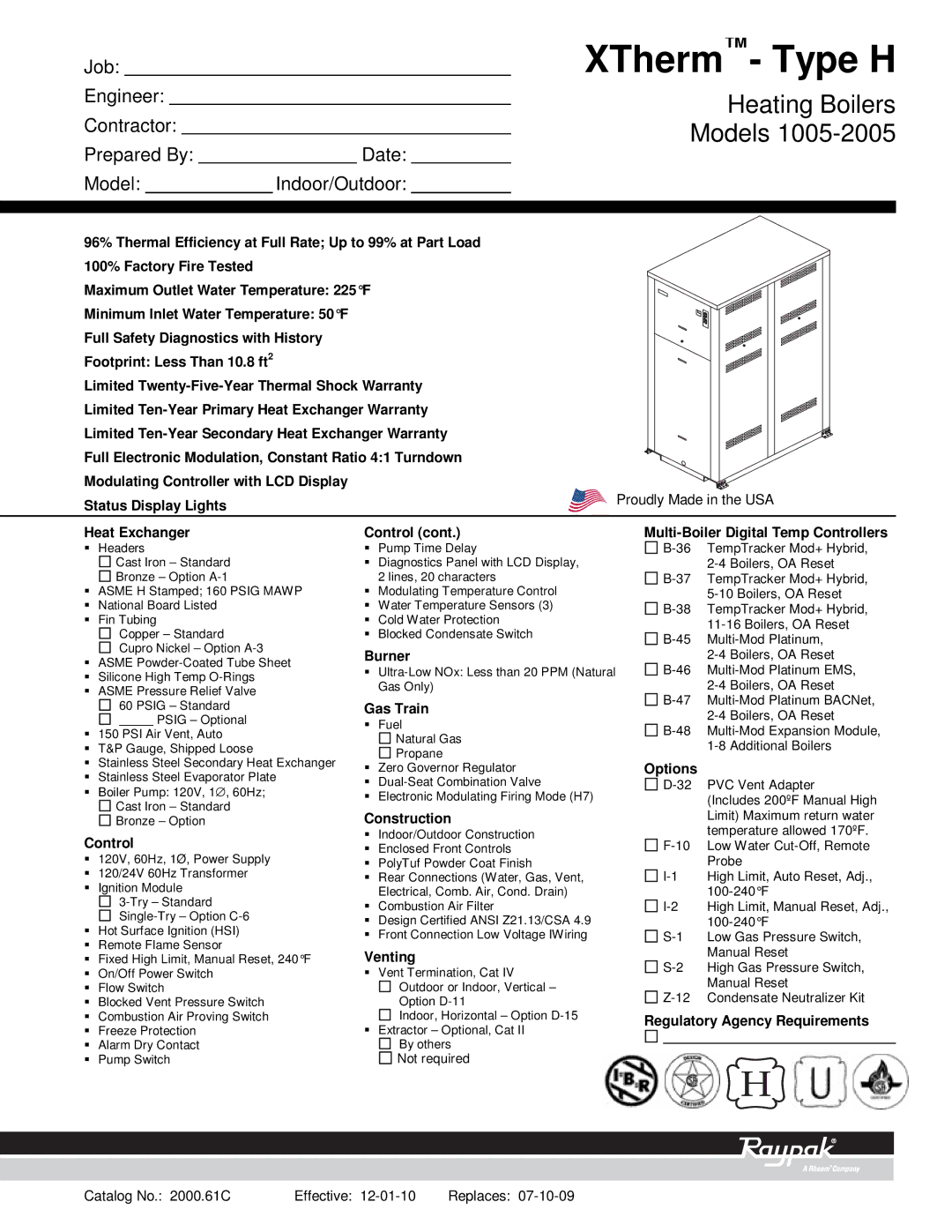 Raypak 1005-2005 warranty Control, Burner, Gas Train, Construction, Venting, Options, Regulatory Agency Requirements 