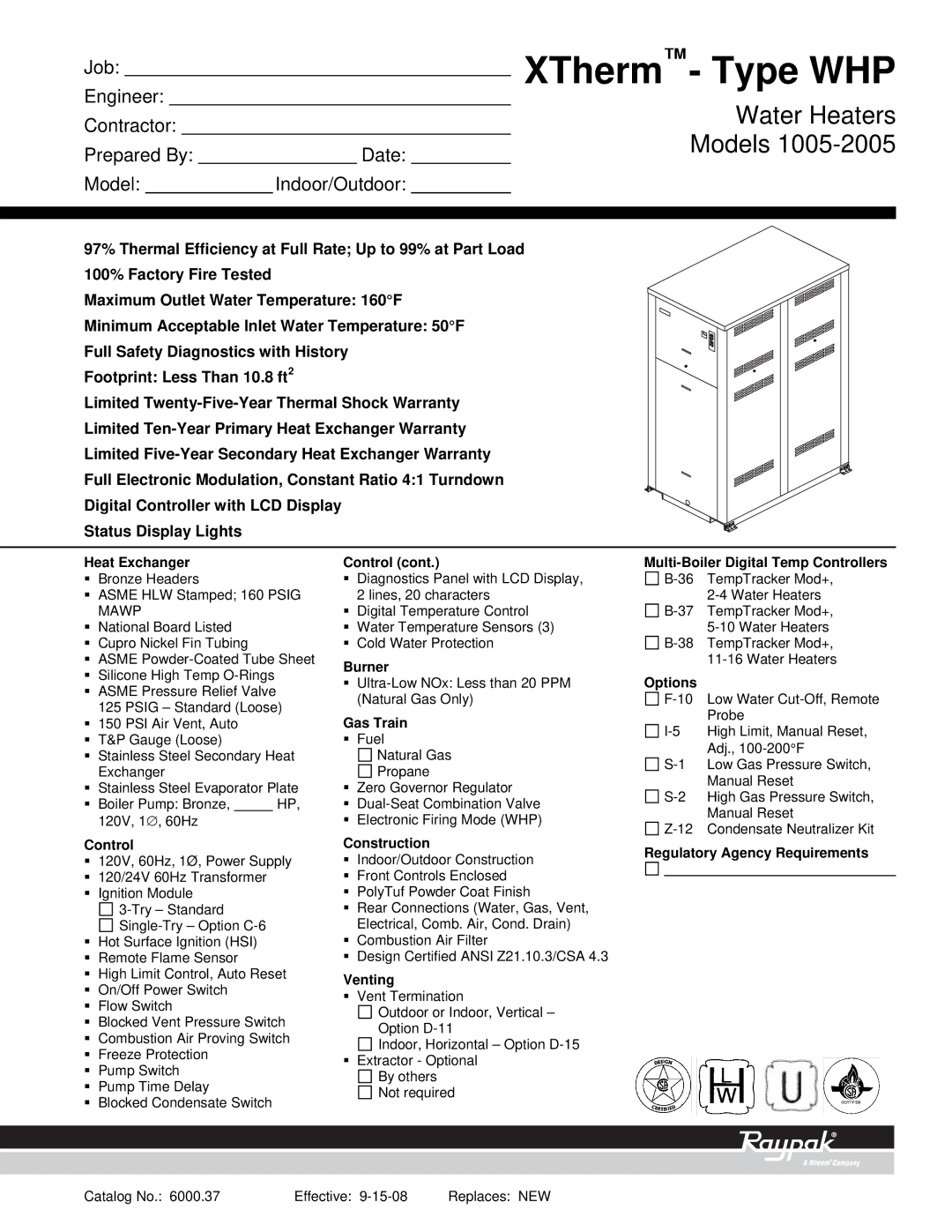 Raypak 1005-2005 warranty Heat Exchanger, Control, Burner, Gas Train, Construction, Venting, Options 