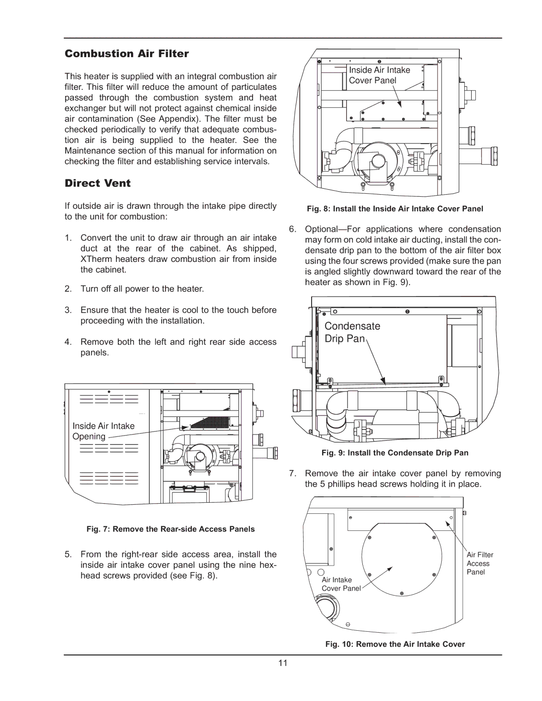 Raypak 1005 operating instructions Combustion Air Filter, Direct Vent 