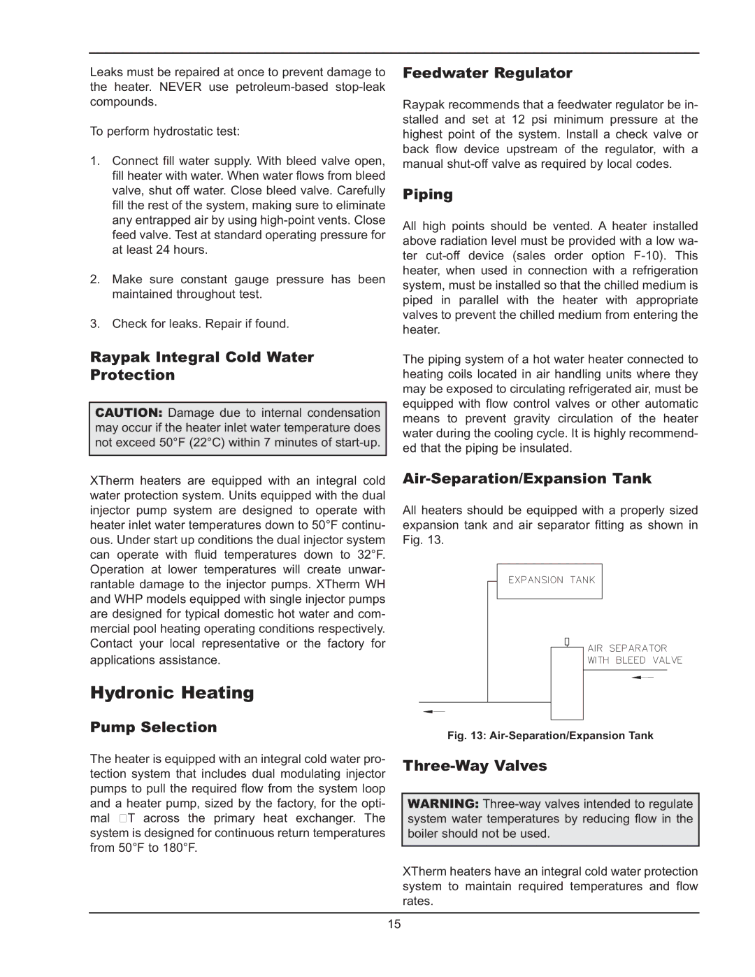 Raypak 1005 operating instructions Hydronic Heating 