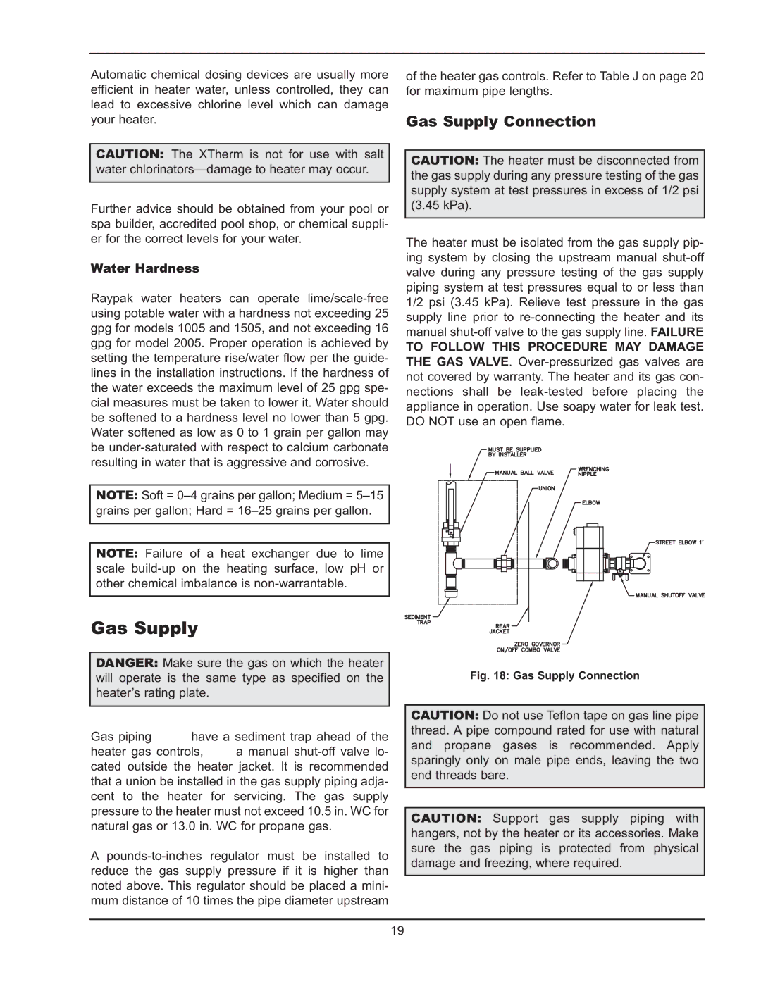 Raypak 1005 operating instructions Gas Supply Connection, Water Hardness 