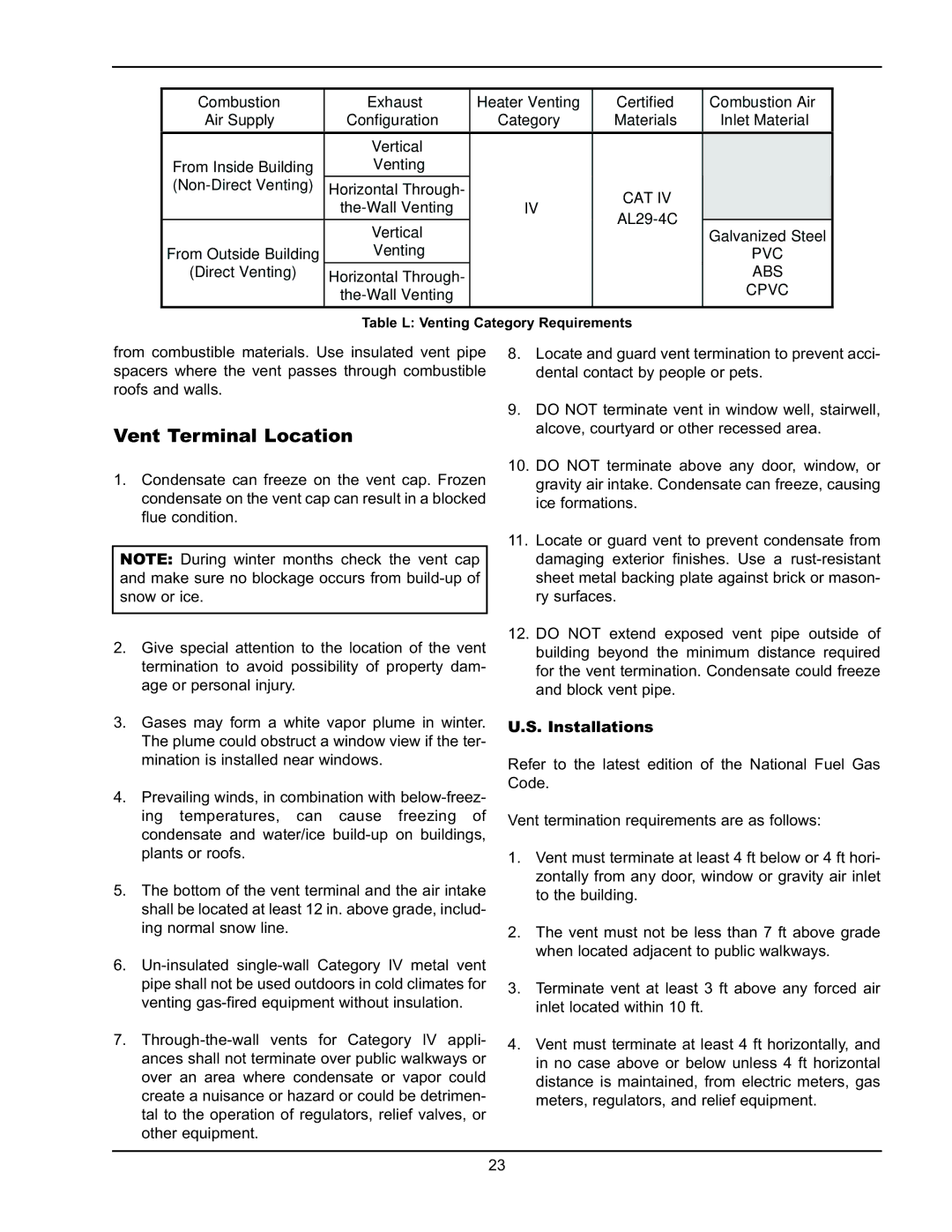 Raypak 1005 operating instructions Vent Terminal Location, Installations 