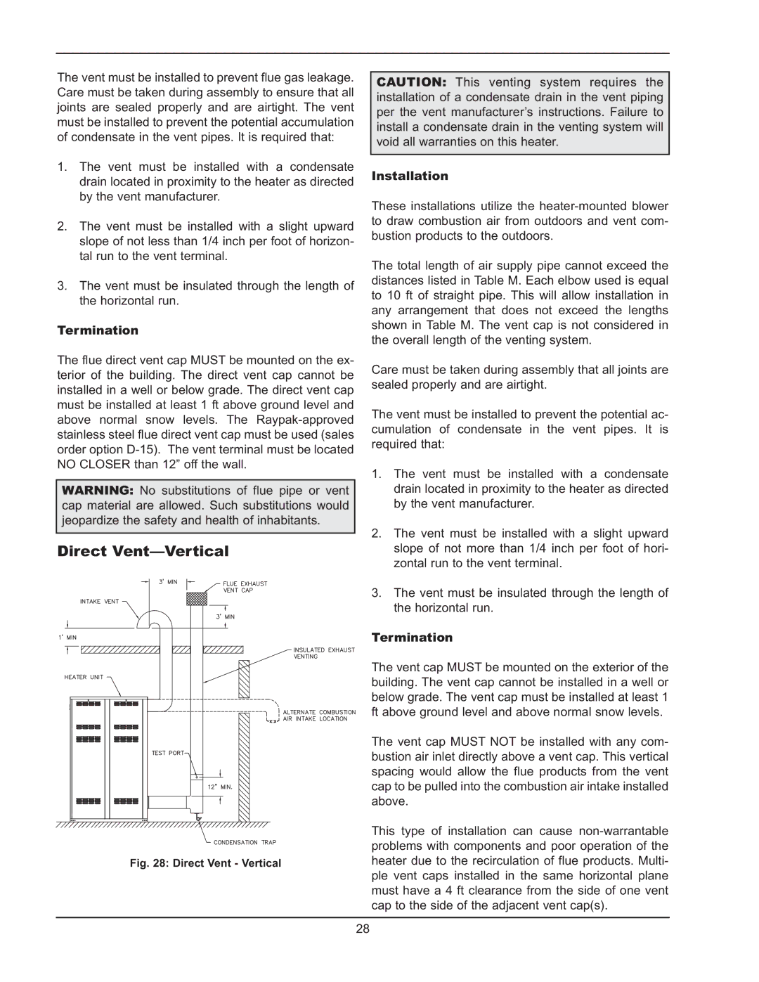 Raypak 1005 operating instructions Direct Vent-Vertical, Direct Vent Vertical 