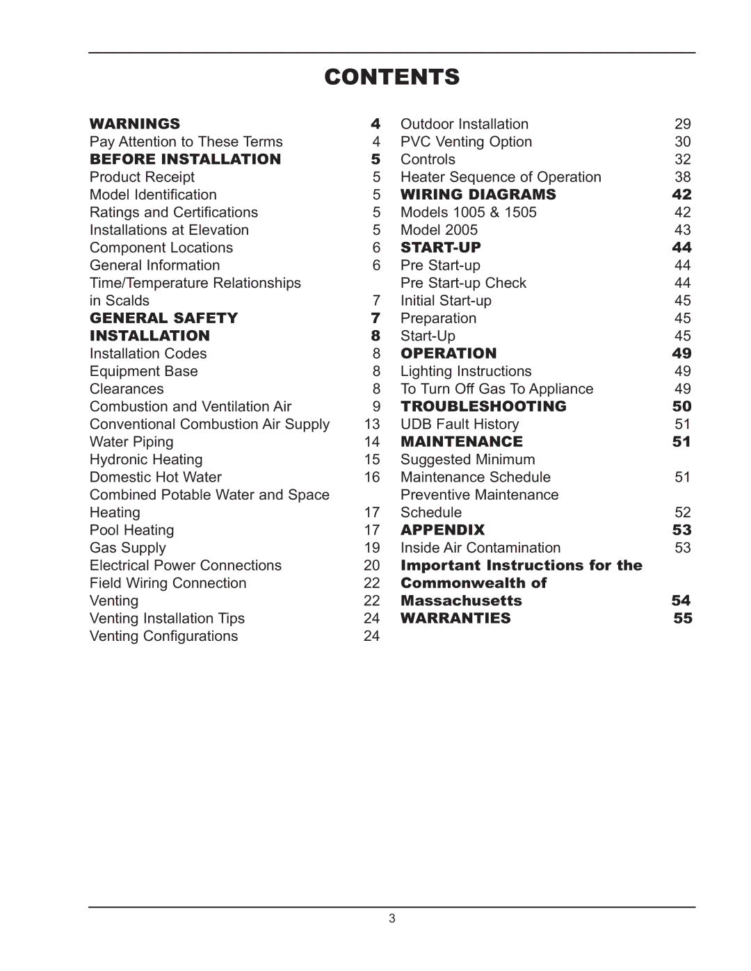 Raypak 1005 operating instructions Contents 