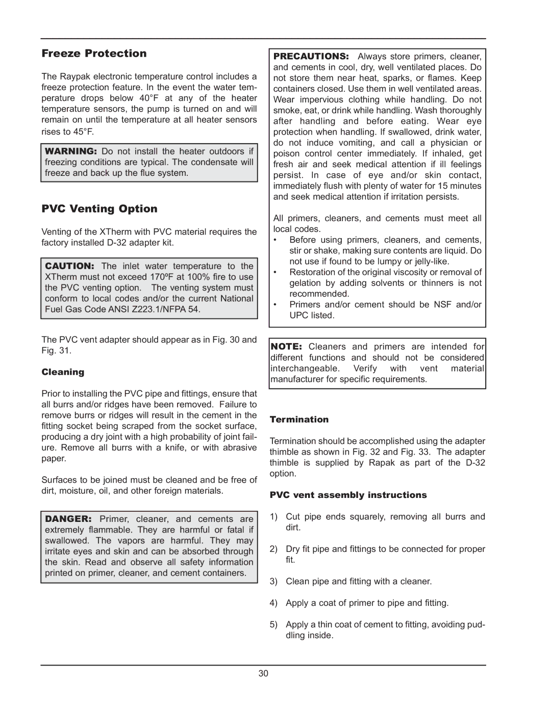 Raypak 1005 operating instructions Freeze Protection, PVC Venting Option, Cleaning, PVC vent assembly instructions 