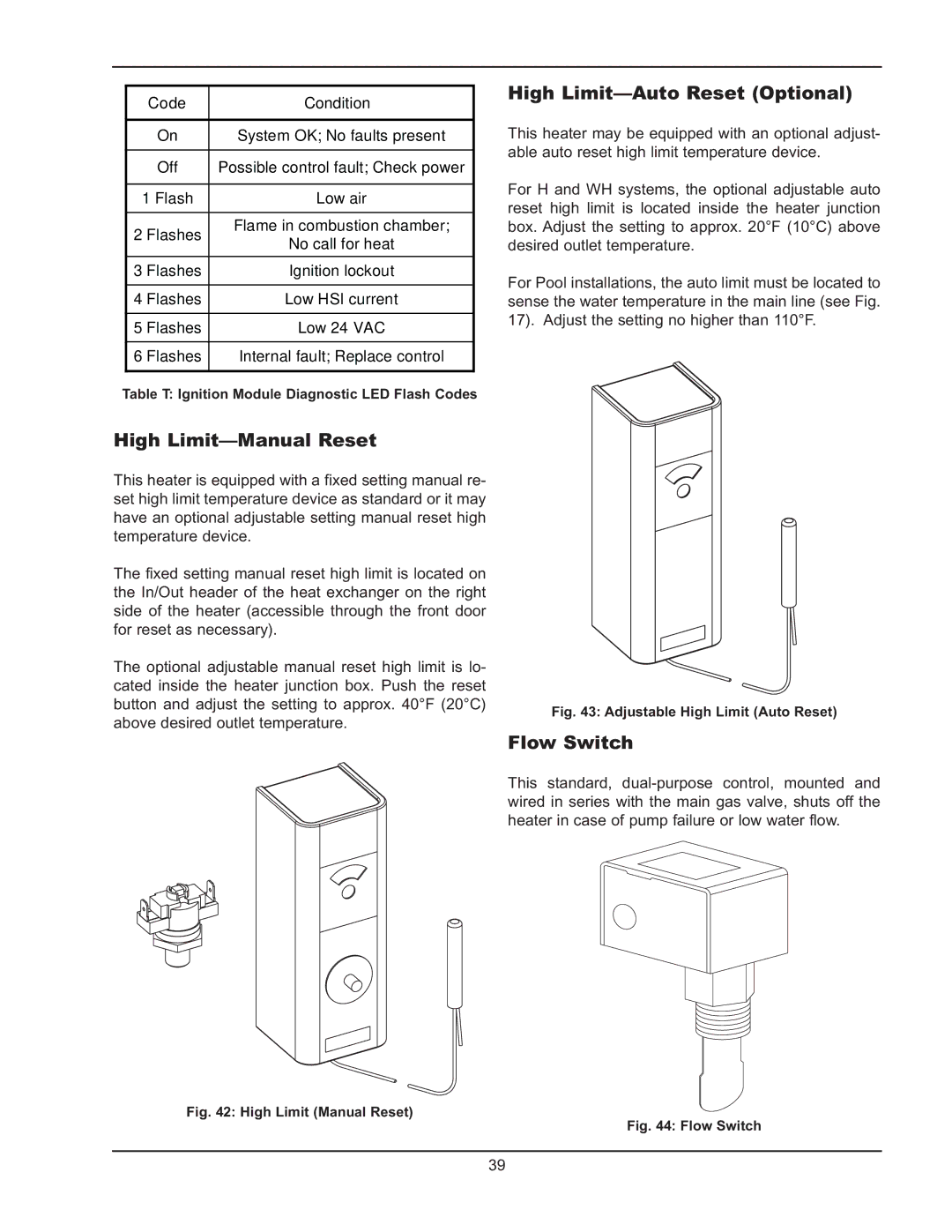 Raypak 1005 operating instructions High Limit-Manual Reset, High Limit-Auto Reset Optional, Flow Switch, Code Condition 