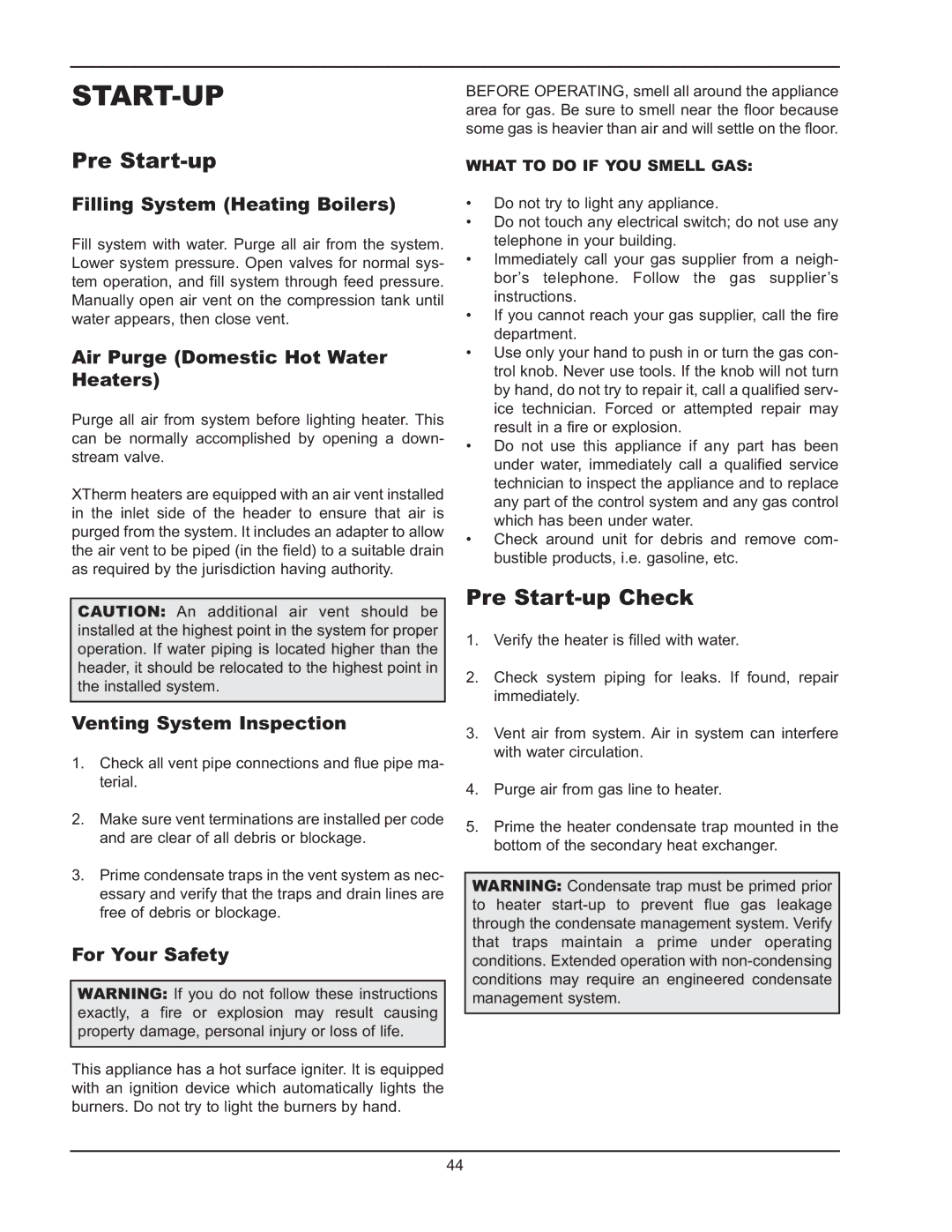 Raypak 1005 operating instructions Start-Up, Pre Start-up Check 