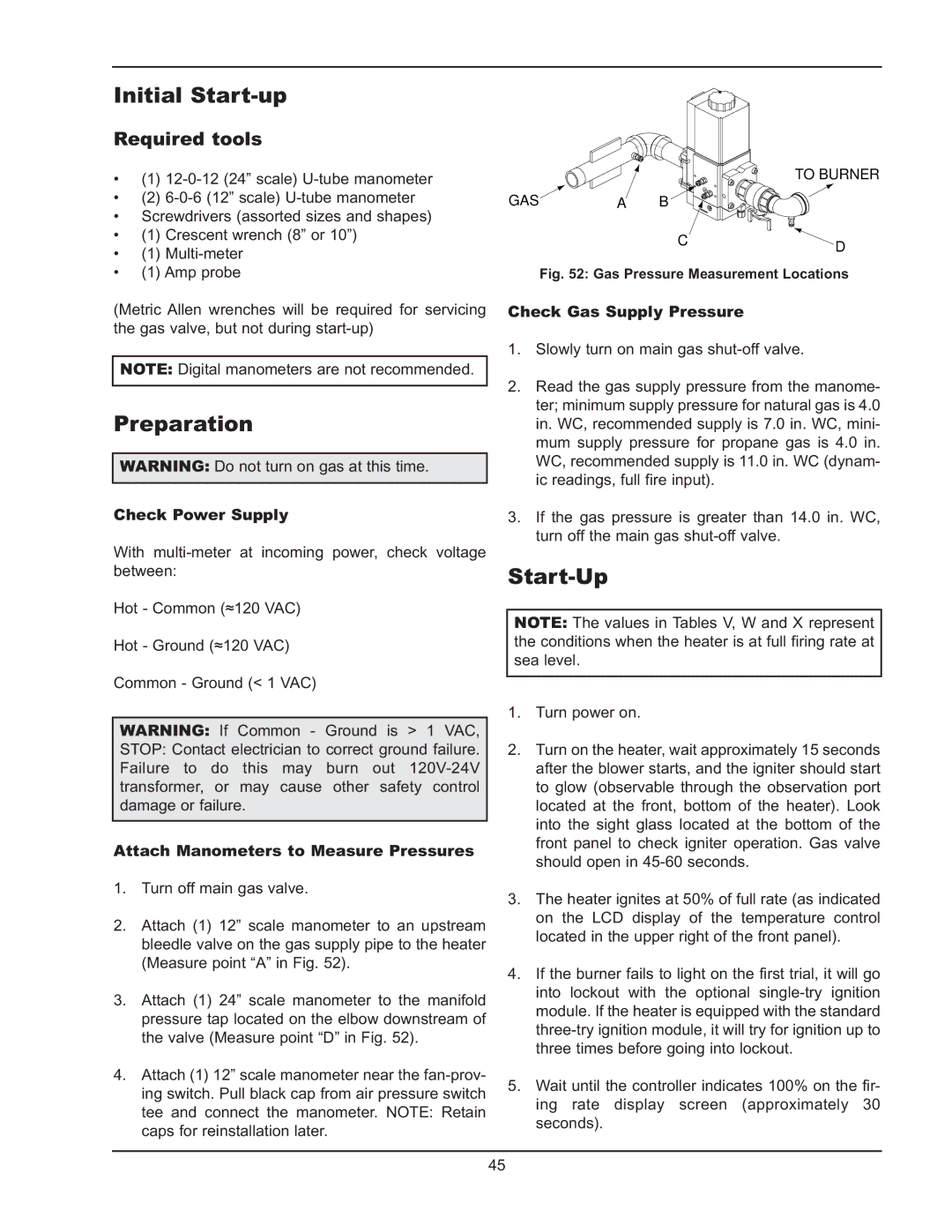 Raypak 1005 operating instructions Initial Start-up, Preparation, Start-Up, Required tools 