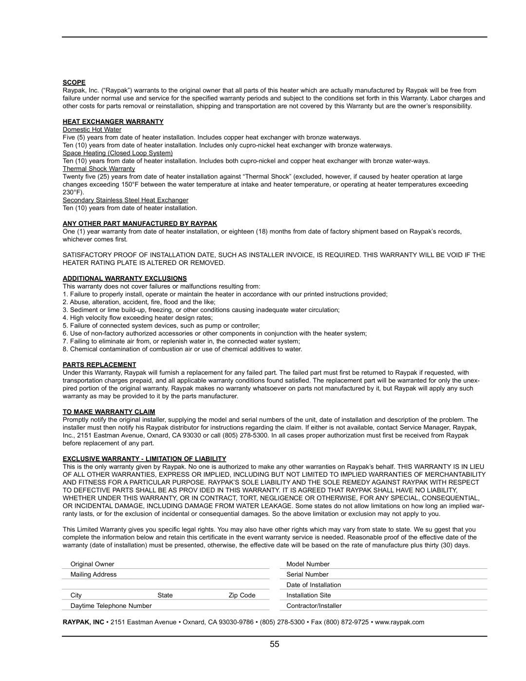 Raypak 1005 operating instructions Limited Parts Warranty Xtherm Types H and WH, Models 