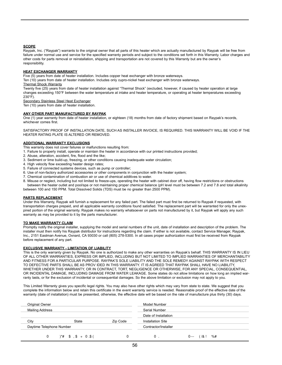 Raypak 1005 operating instructions Limited Parts Warranty Xtherm Types WHP 