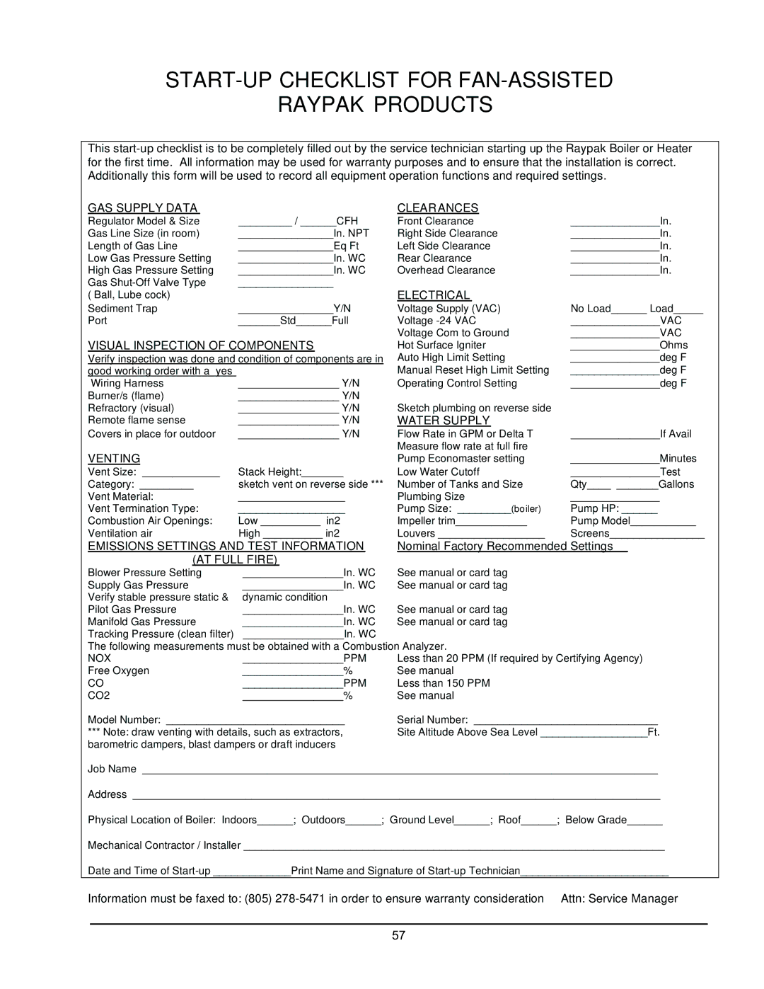 Raypak 1005 operating instructions START-UP Checklist for FAN-ASSISTED Raypak Products 