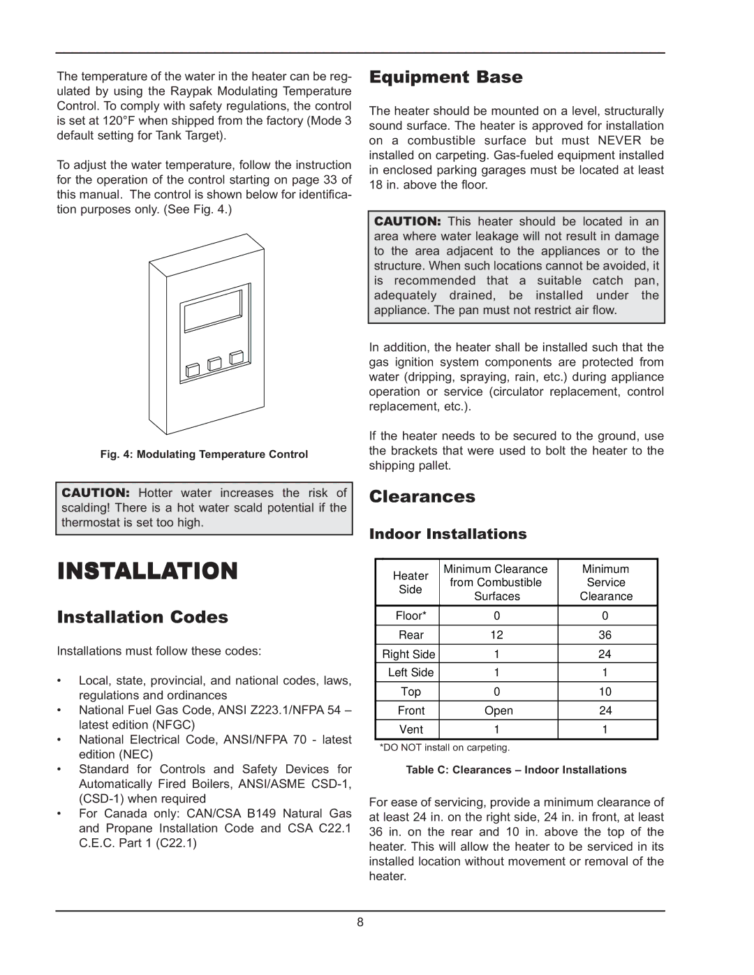 Raypak 1005 operating instructions Installation Codes, Equipment Base, Clearances, Indoor Installations 